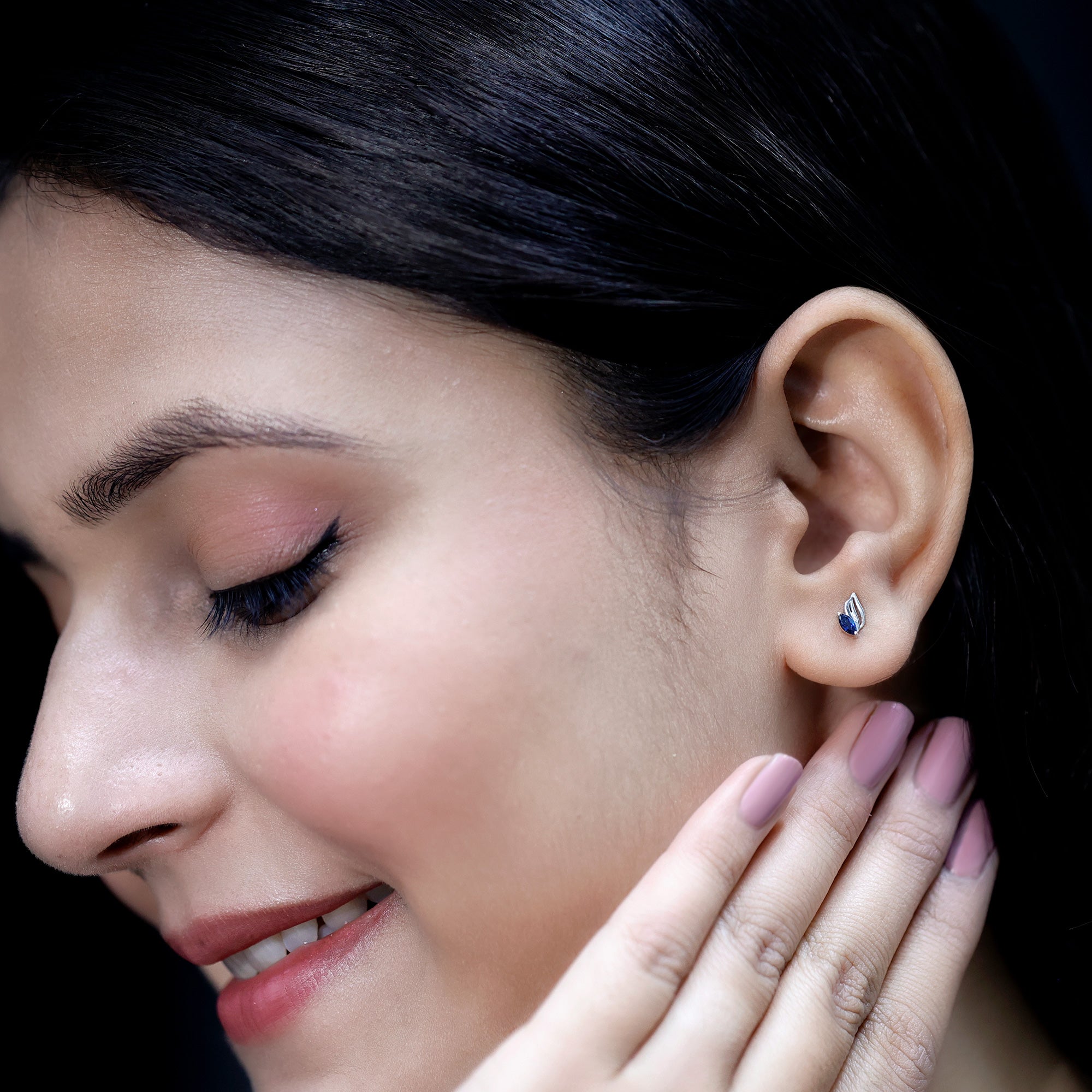 Genuine Marquise Cut Blue Sapphire Leaf Stud Earrings in Silver AAA 92.5 Sterling Silver - Rosec Jewels