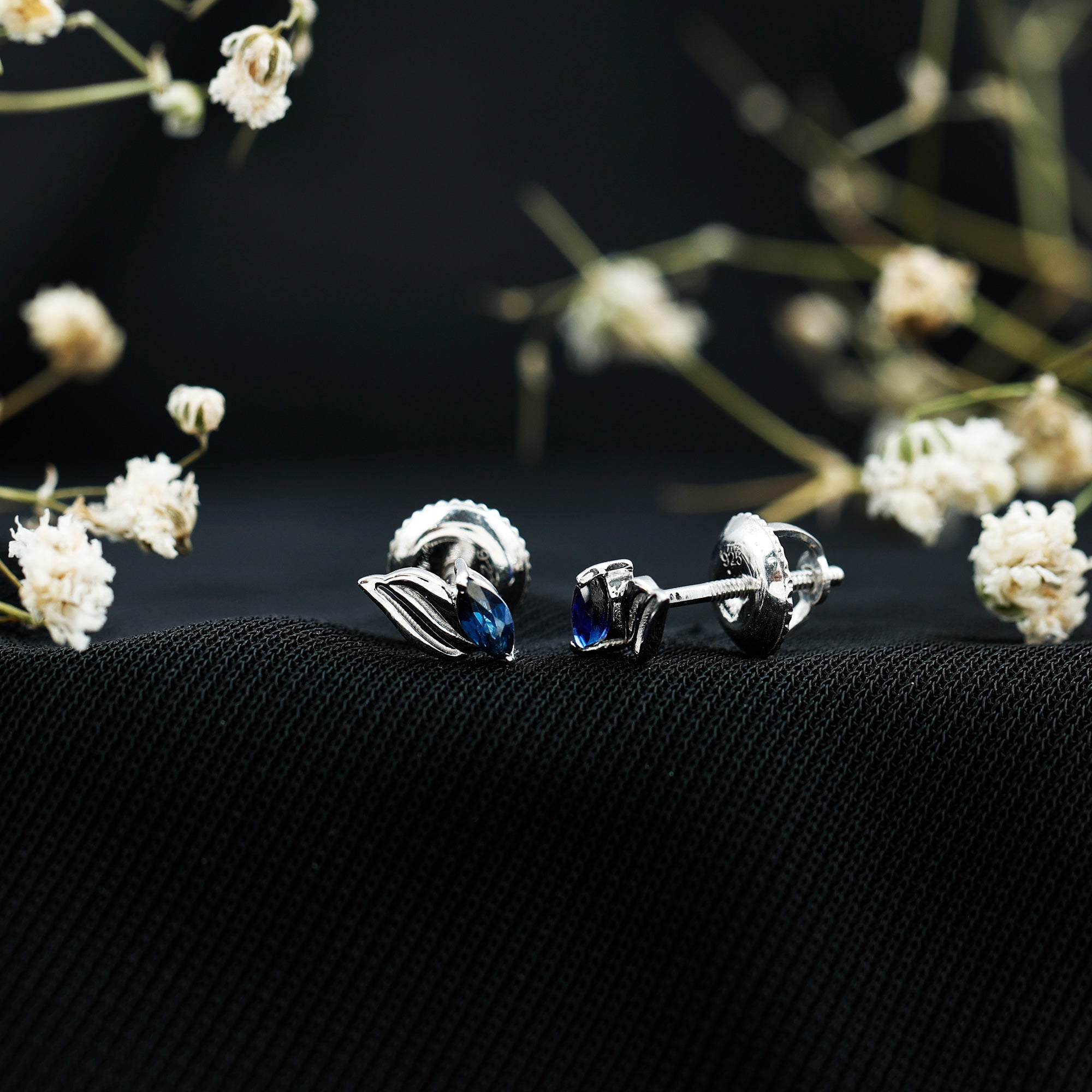 Genuine Marquise Cut Blue Sapphire Leaf Stud Earrings in Silver AAA 92.5 Sterling Silver - Rosec Jewels