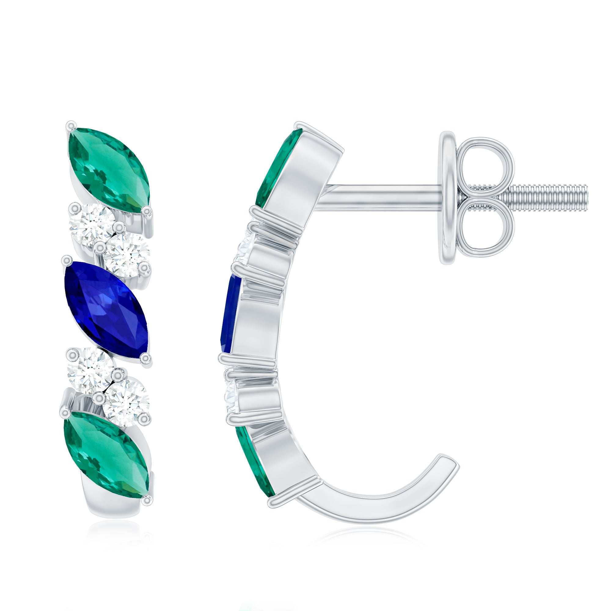 Marquise Cut Created Blue Sapphire and Emerald Silver J Hoop Earrings with Moissanite - Rosec Jewels