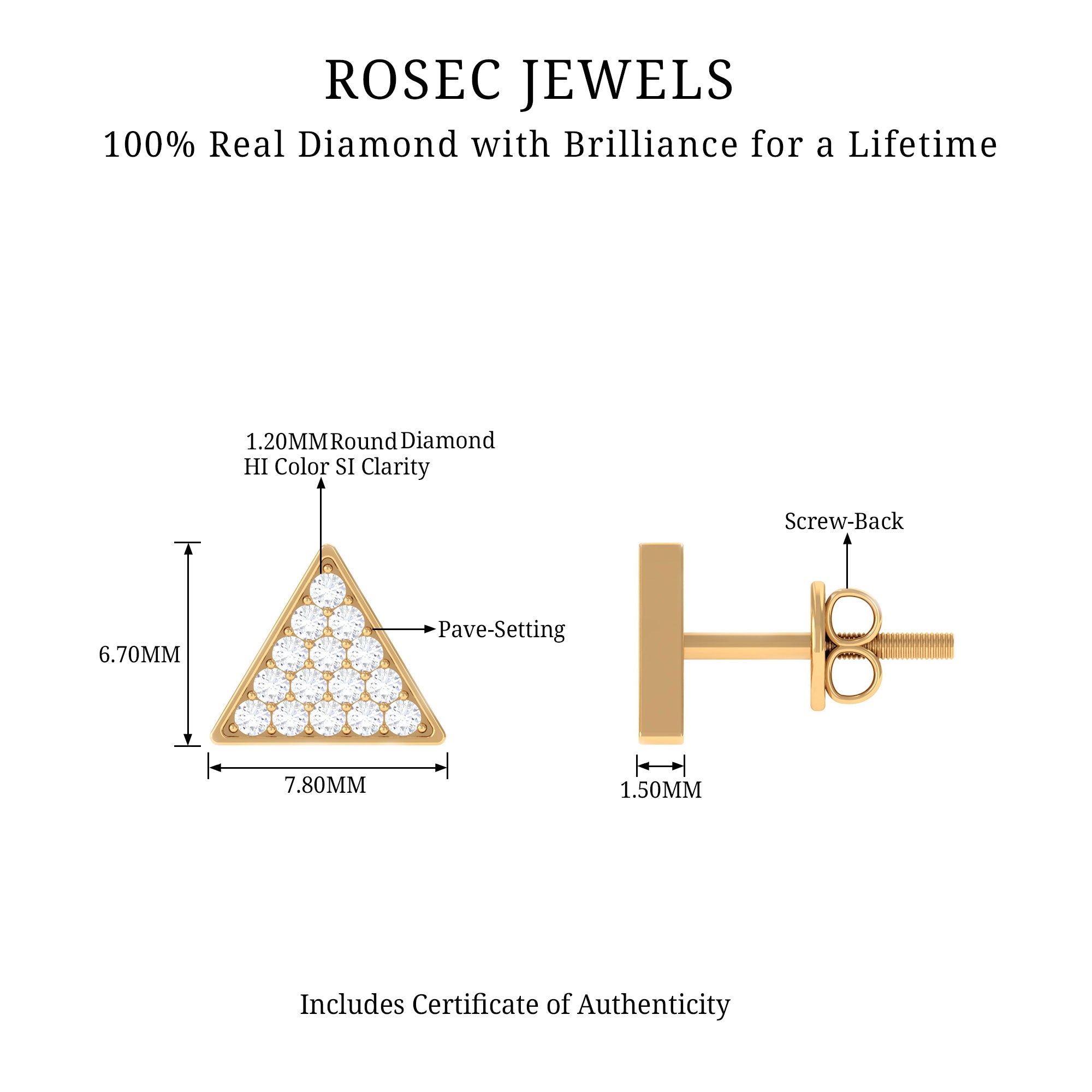 Genuine Diamond Triangle Stud Earrings Natural - ( HI-SI ) - Rosec Jewels