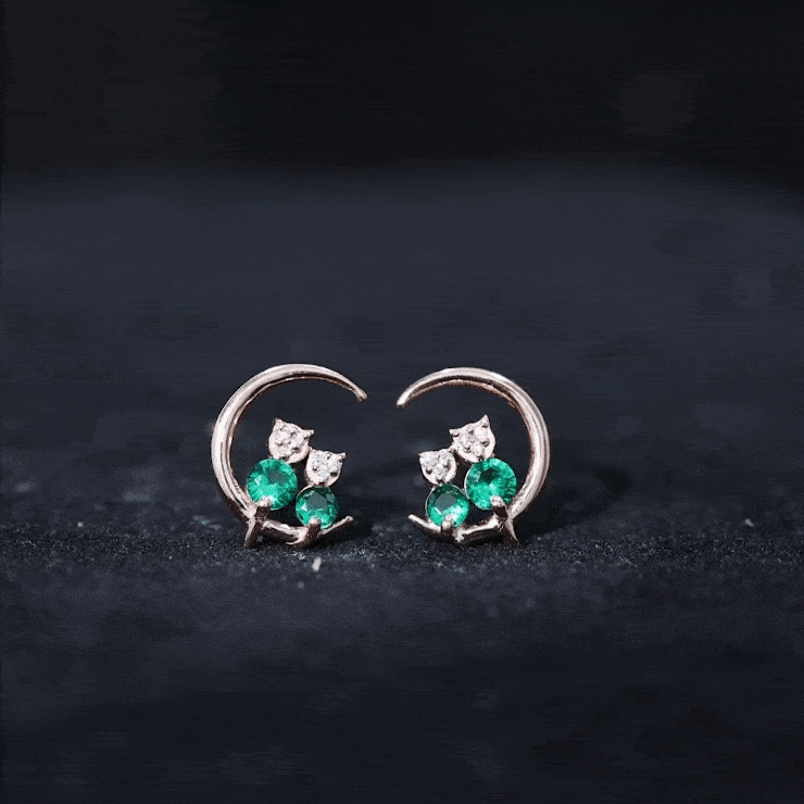 Lab Created Emerald Cat and Moon Stud Earrings AAAA - Rosec Jewels