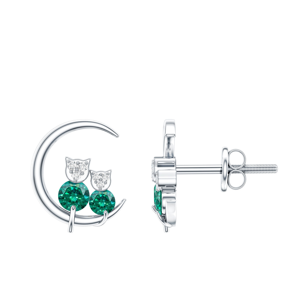 Lab Created Emerald Cat and Moon Stud Earrings AAAA - Rosec Jewels