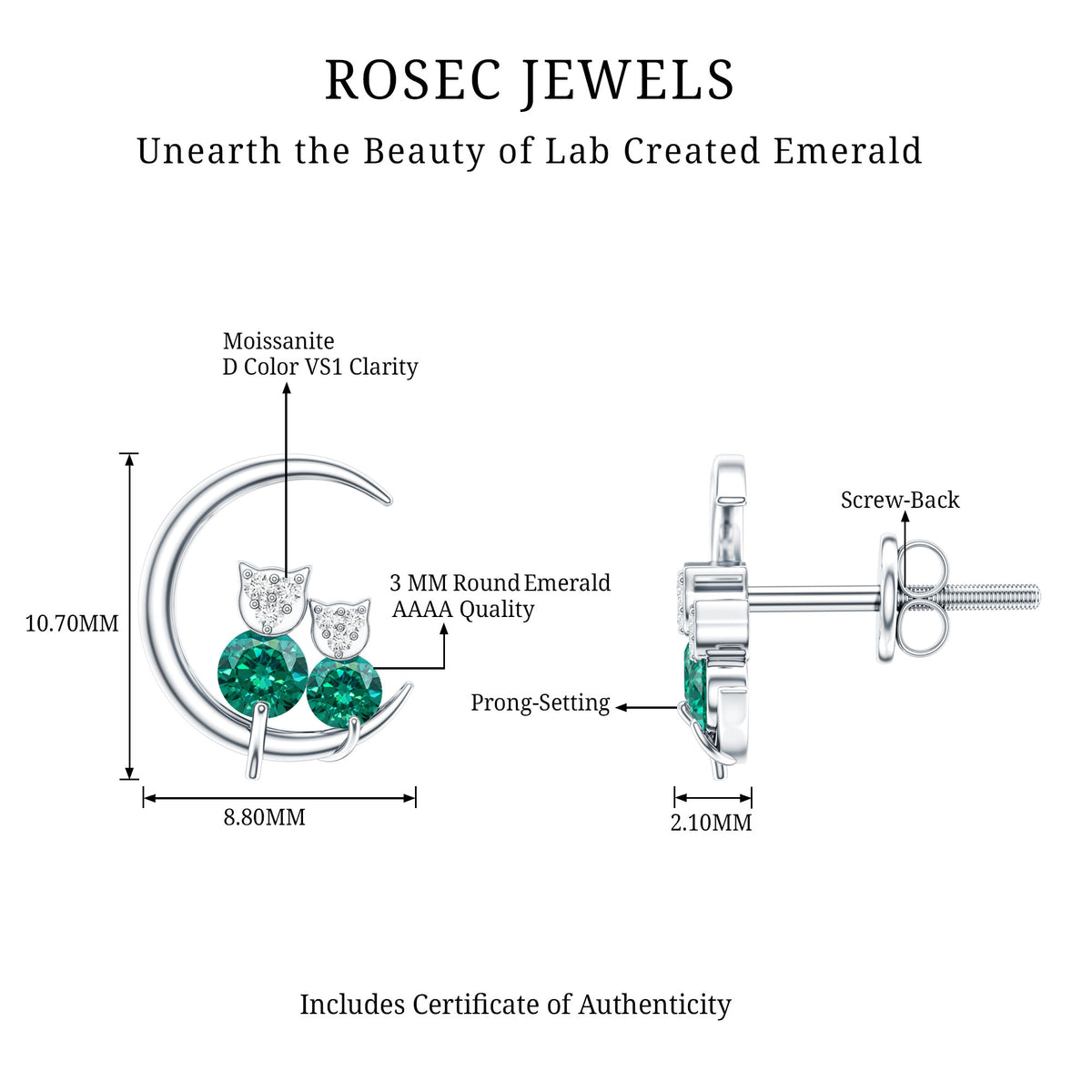 Lab Created Emerald Cat and Moon Stud Earrings AAAA - Rosec Jewels
