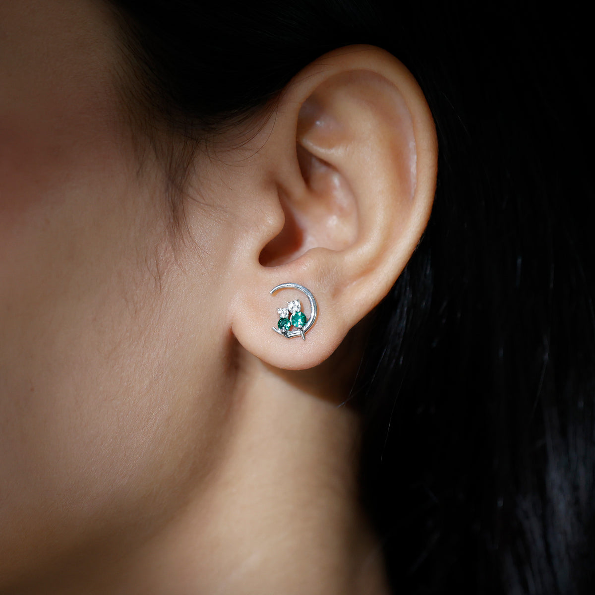 Lab Created Emerald Cat and Moon Stud Earrings AAAA - Rosec Jewels