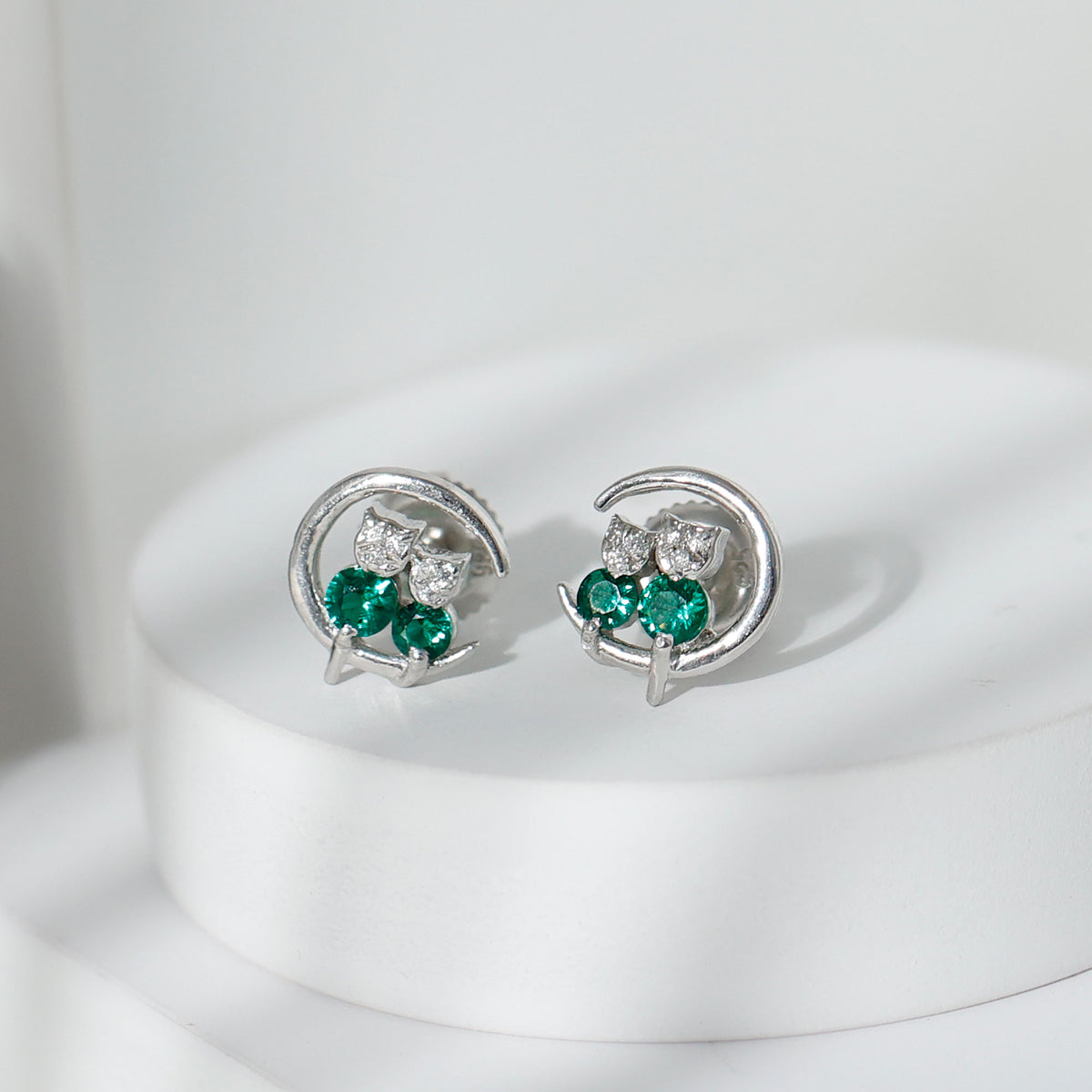 Lab Created Emerald Cat and Moon Stud Earrings AAAA - Rosec Jewels