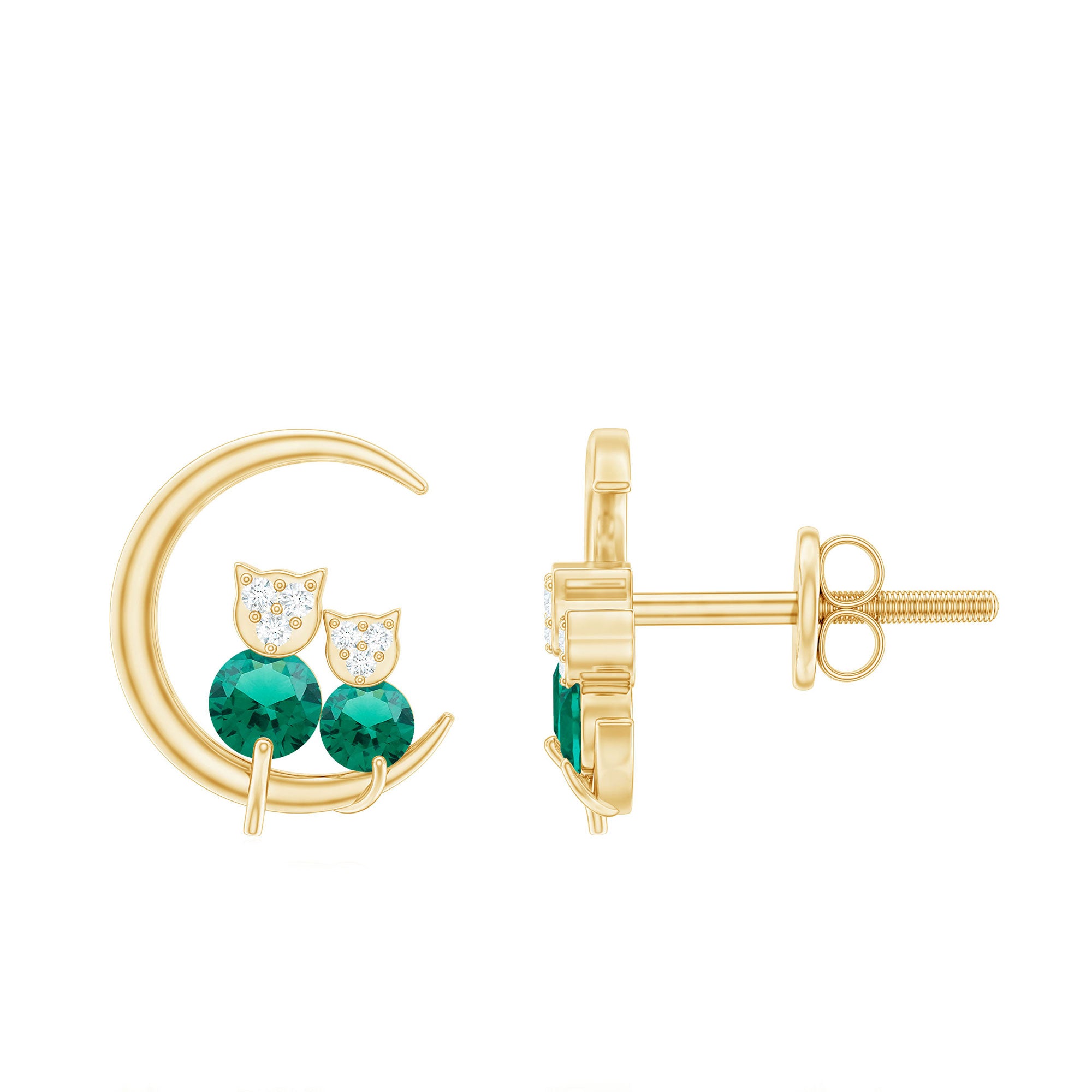 Lab Created Emerald Cat and Moon Stud Earrings AAAA - Rosec Jewels
