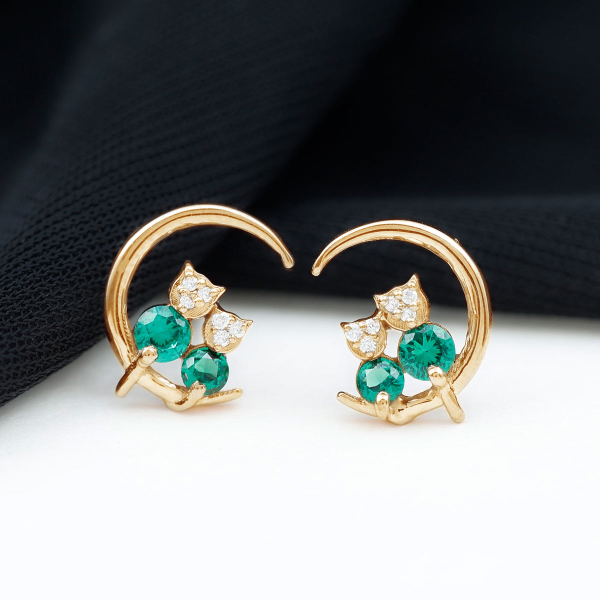 Lab Created Emerald Cat and Moon Stud Earrings AAAA - Rosec Jewels