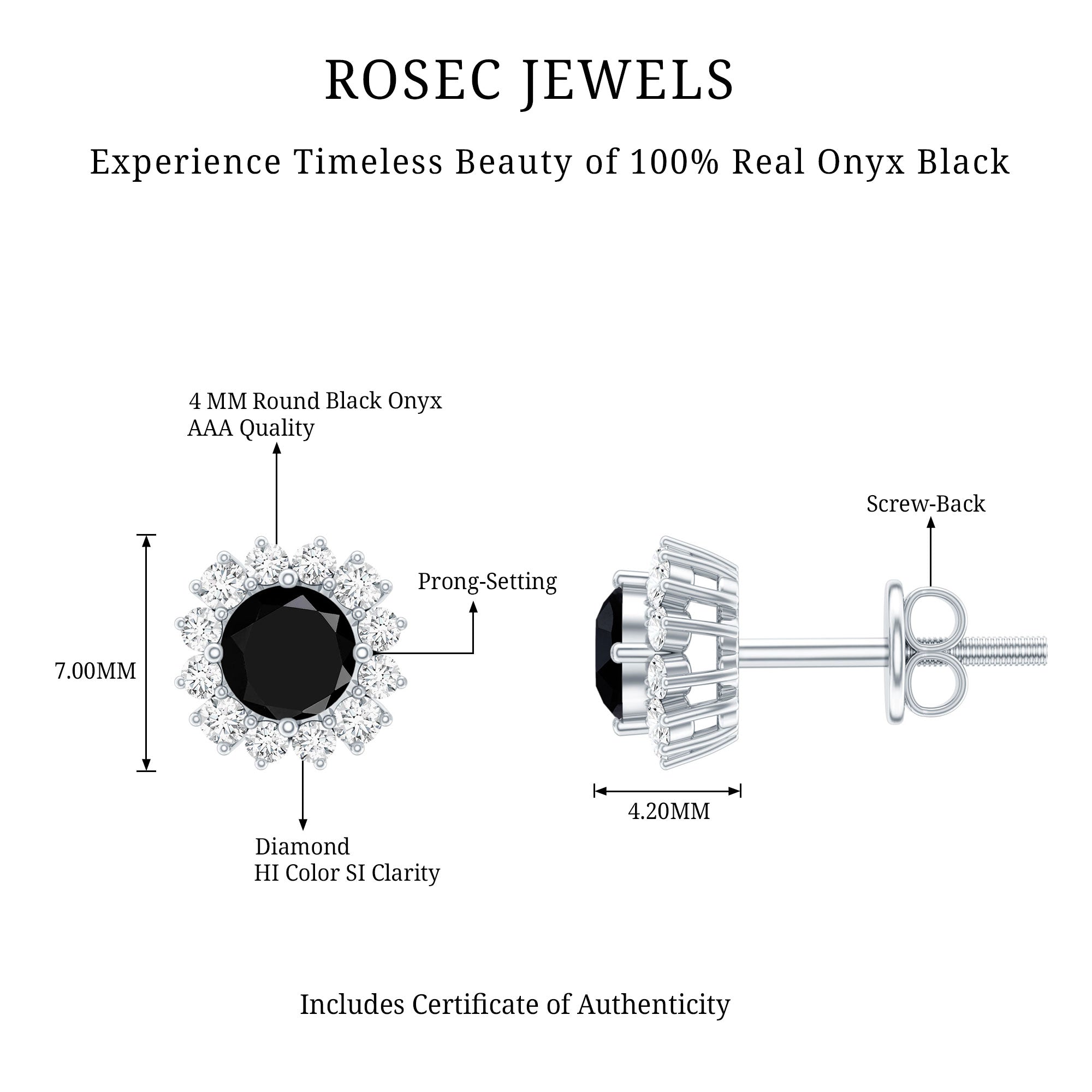 0.44 Carat Black Onyx and Diamond Halo Stud Earrings AAA - Rosec Jewels
