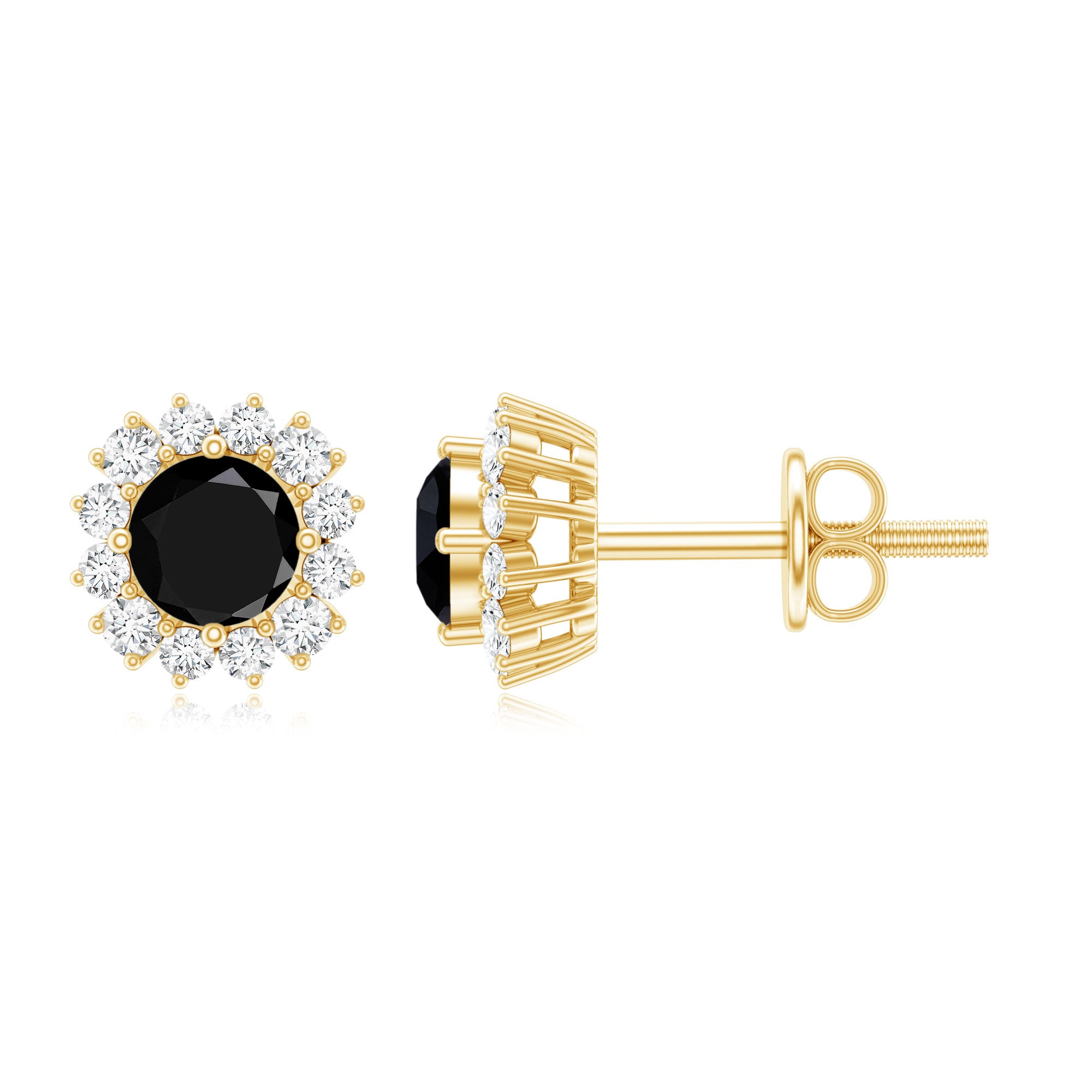 0.44 Carat Black Onyx and Diamond Halo Stud Earrings AAA - Rosec Jewels