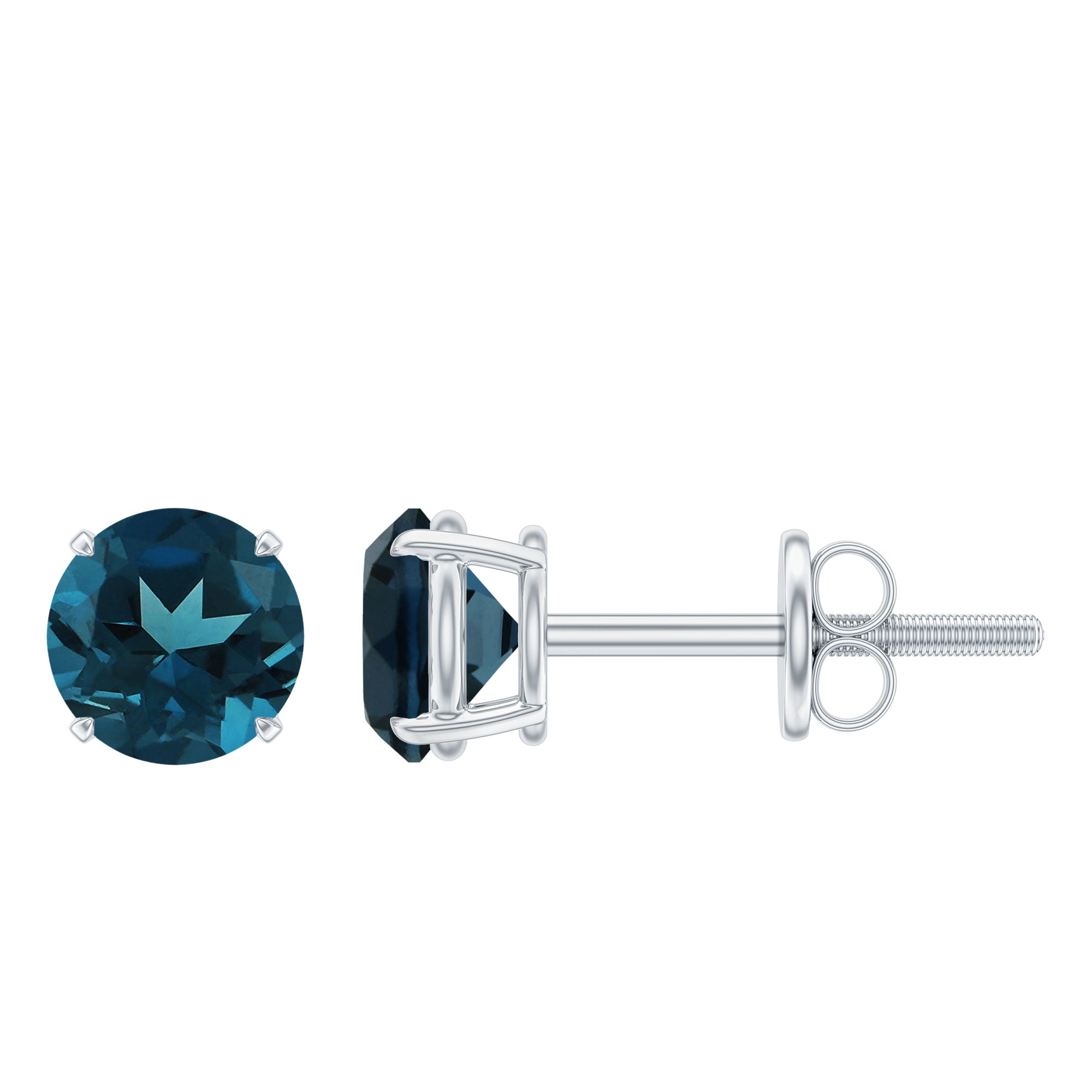 Genuine London Blue Topaz Solitaire Stud Earrings in Prong Setting