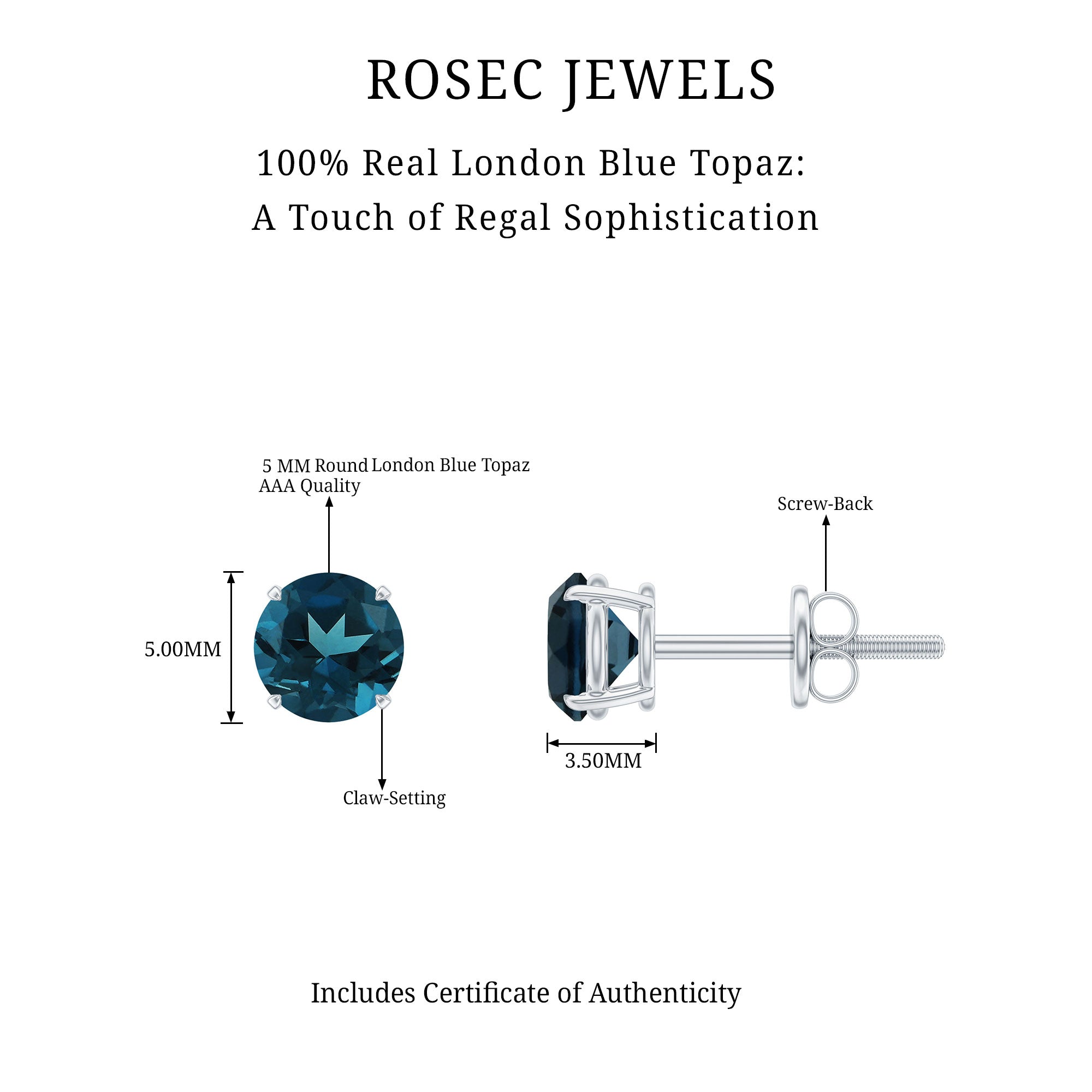 Genuine London Blue Topaz Solitaire Stud Earrings in Prong Setting AAA - Rosec Jewels
