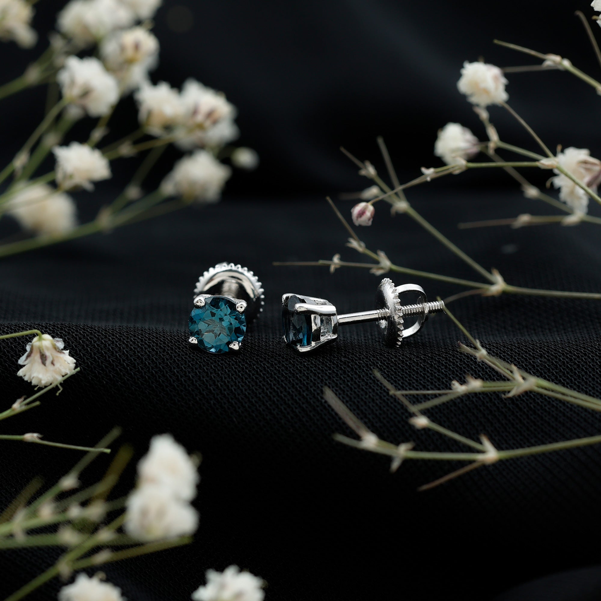 Genuine London Blue Topaz Solitaire Stud Earrings in Prong Setting AAA - Rosec Jewels