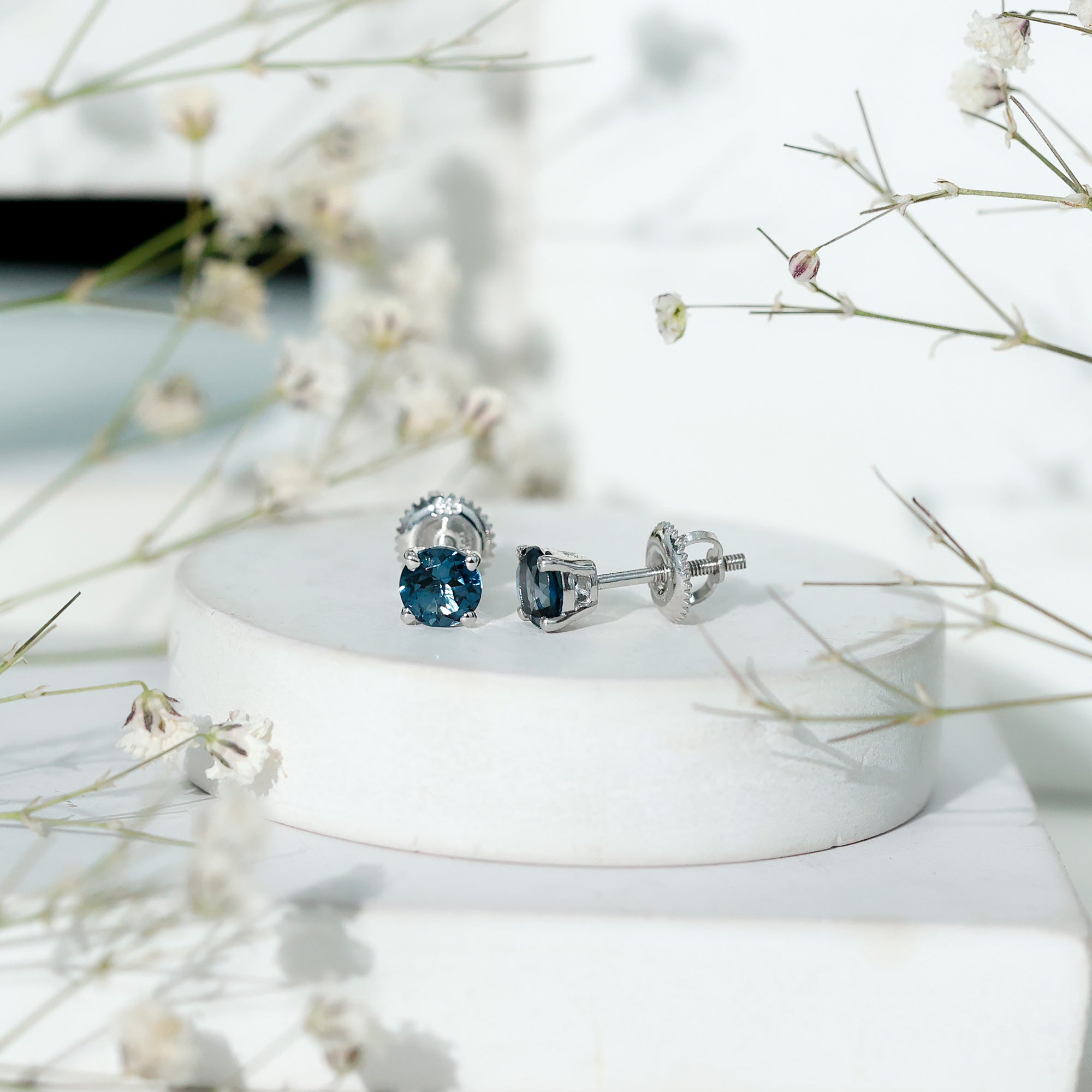 Genuine London Blue Topaz Solitaire Stud Earrings in Prong Setting AAA - Rosec Jewels
