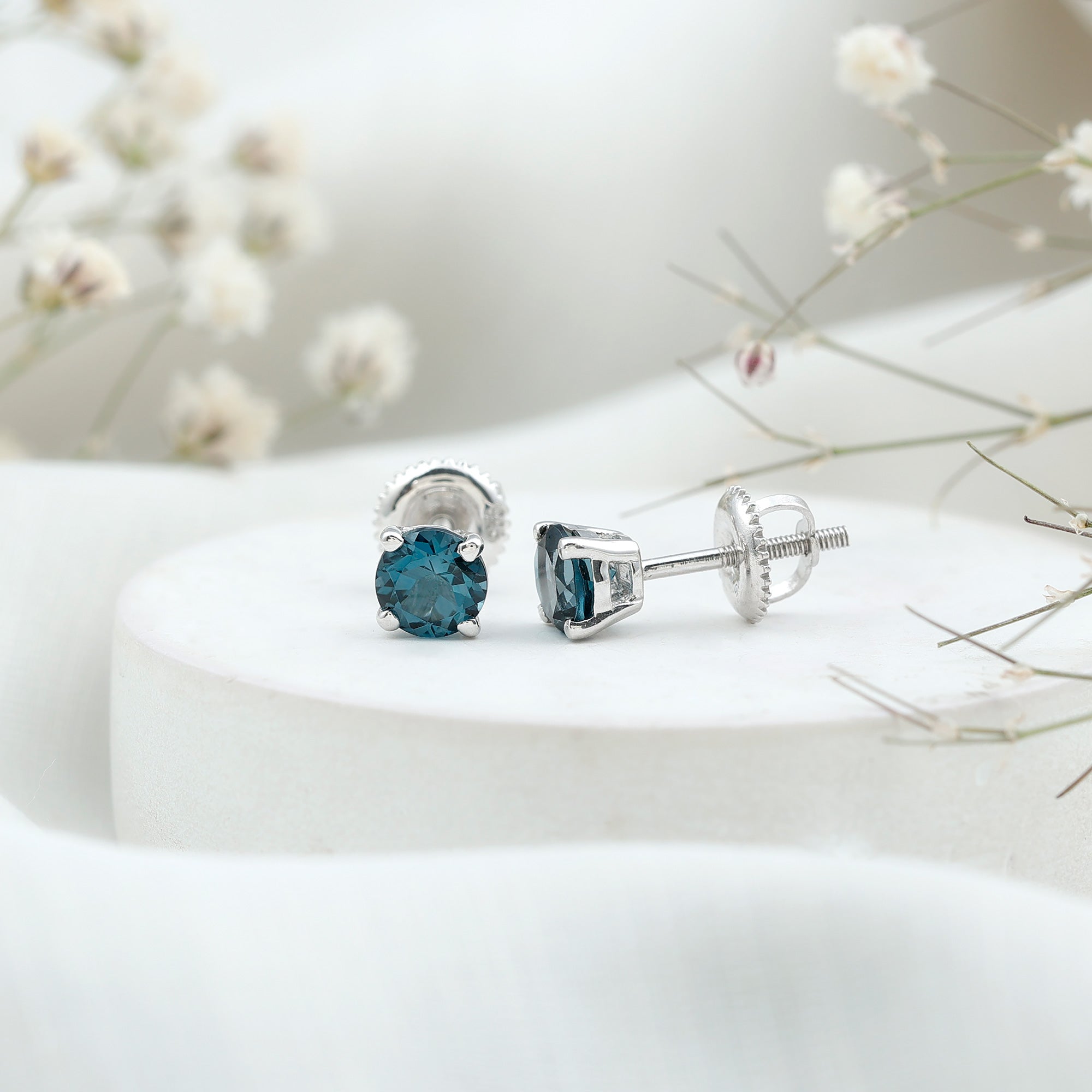 Genuine London Blue Topaz Solitaire Stud Earrings in Prong Setting AAA - Rosec Jewels