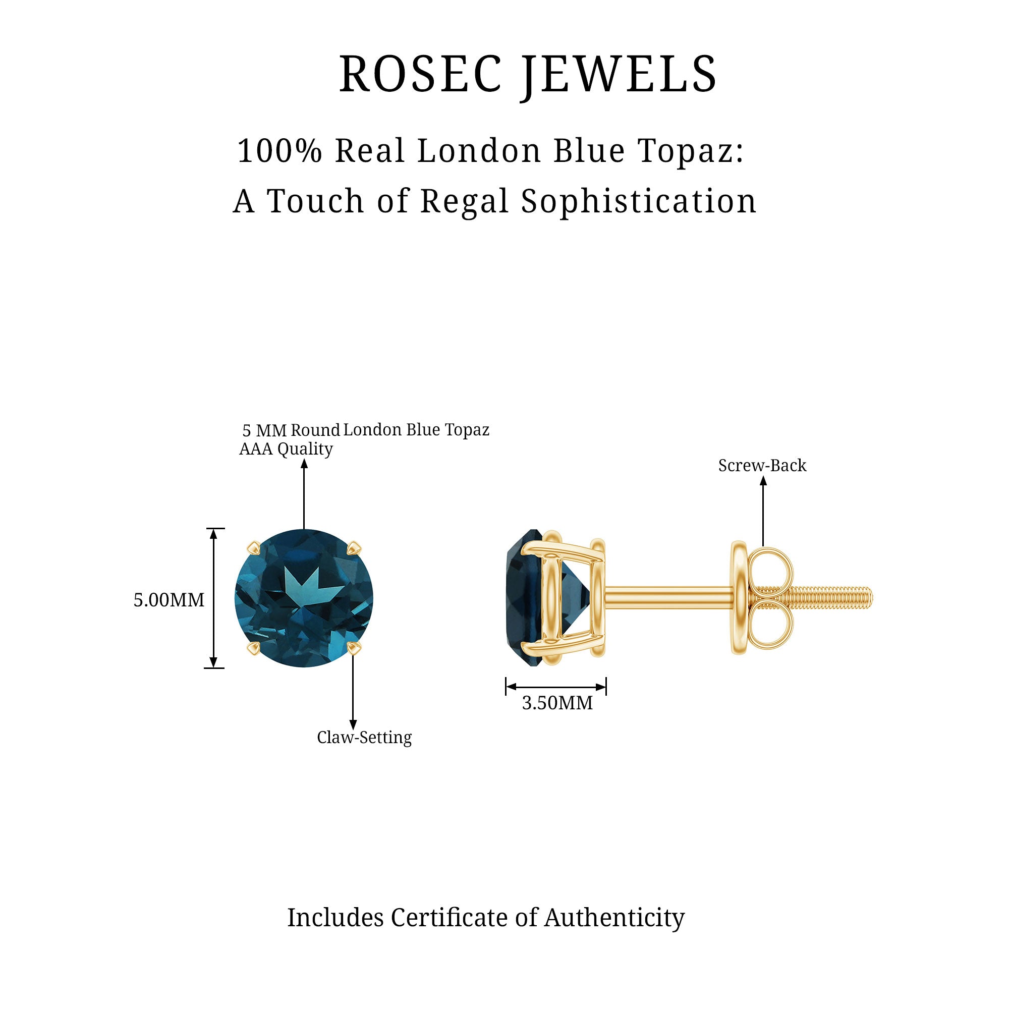 Genuine London Blue Topaz Solitaire Stud Earrings in Prong Setting AAA - Rosec Jewels