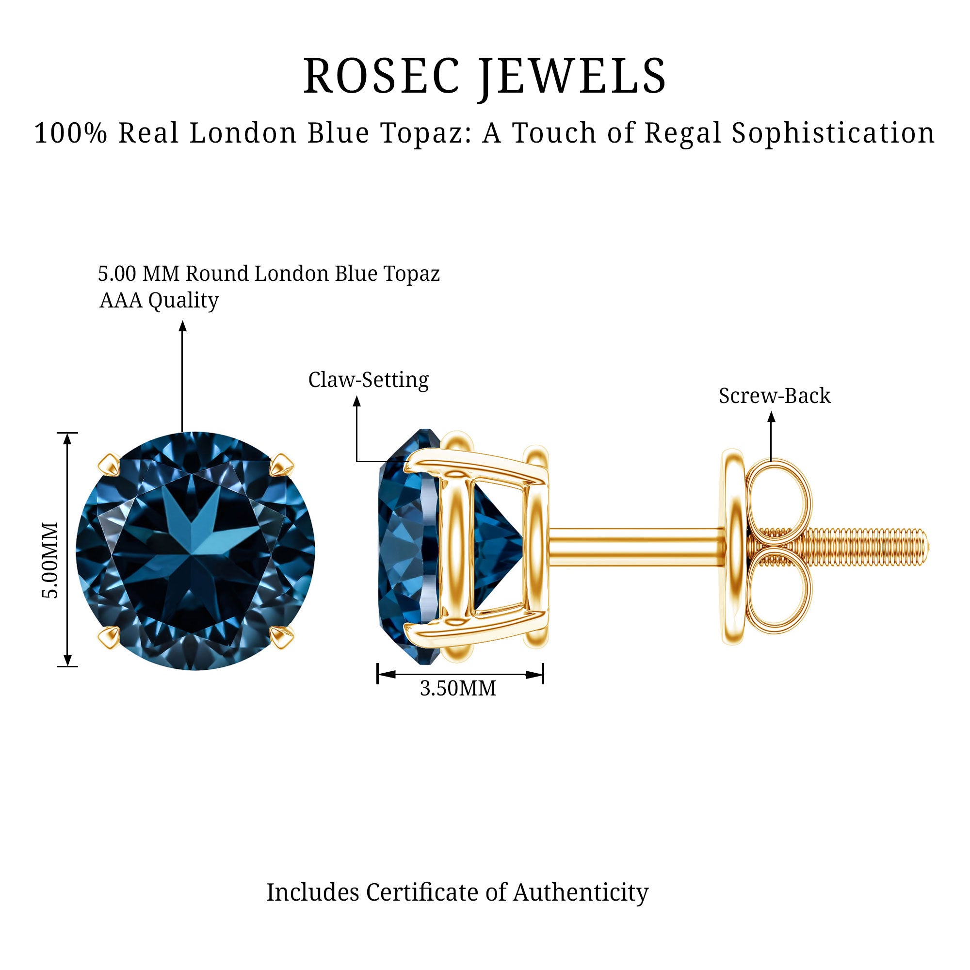 Genuine London Blue Topaz Solitaire Stud Earrings in Prong Setting AAA - Rosec Jewels