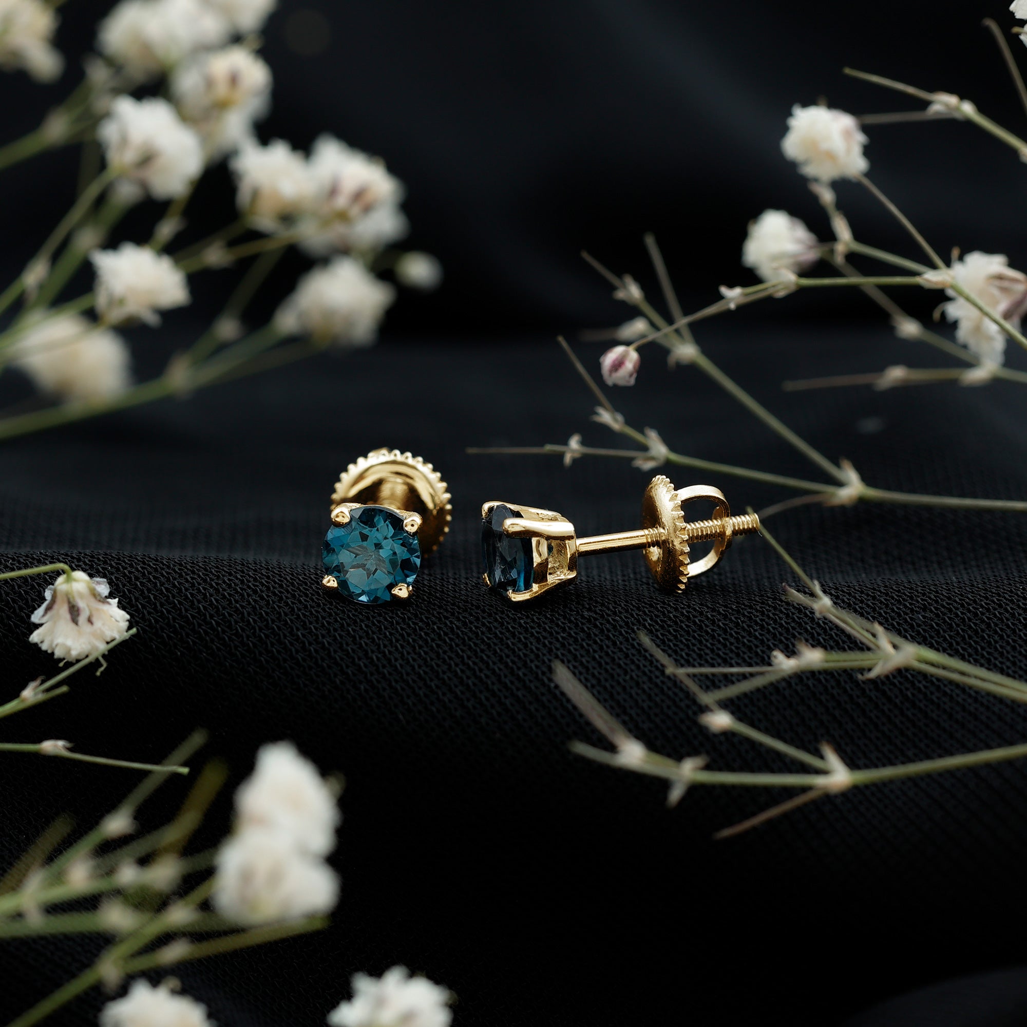 Genuine London Blue Topaz Solitaire Stud Earrings in Prong Setting AAA - Rosec Jewels