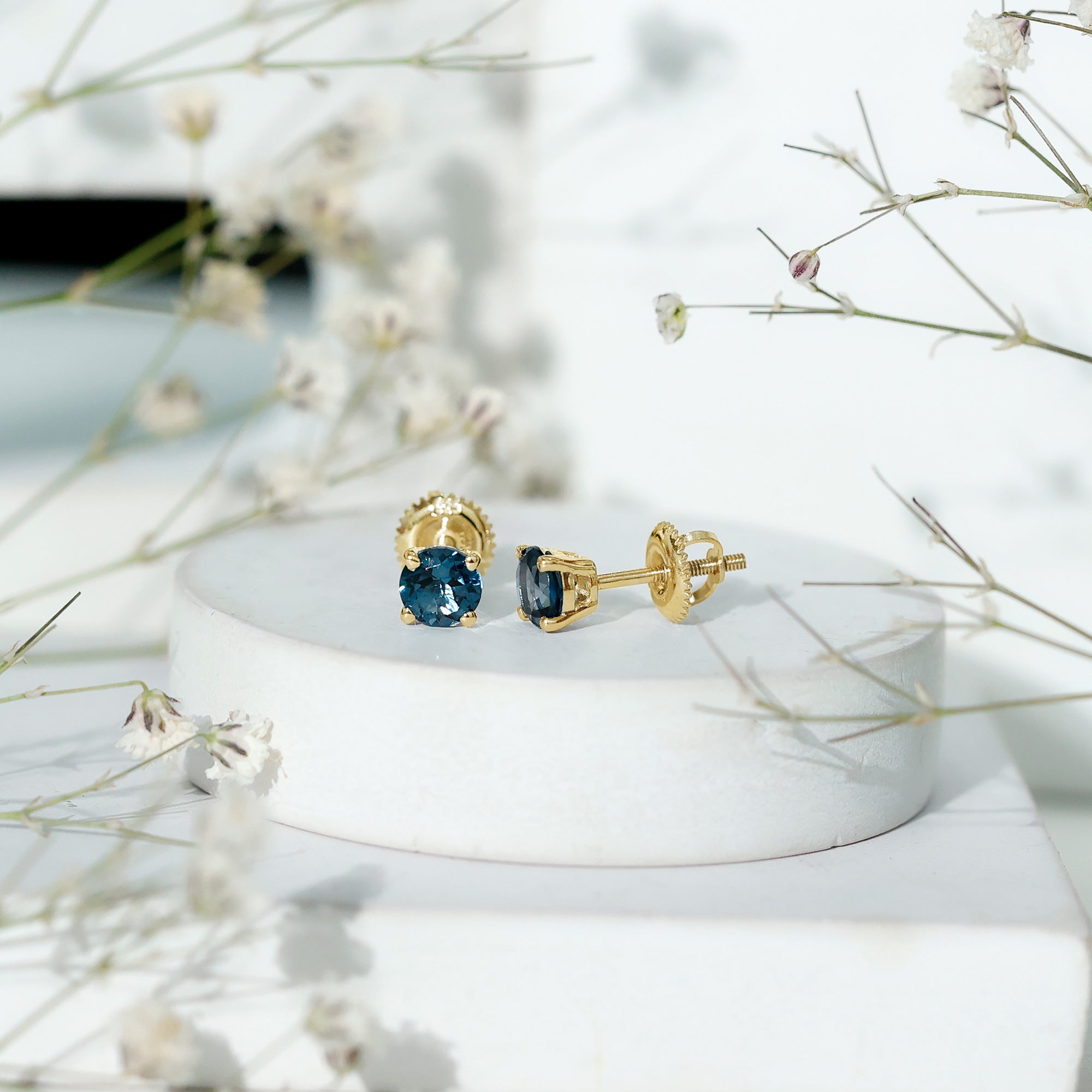 Genuine London Blue Topaz Solitaire Stud Earrings in Prong Setting AAA - Rosec Jewels