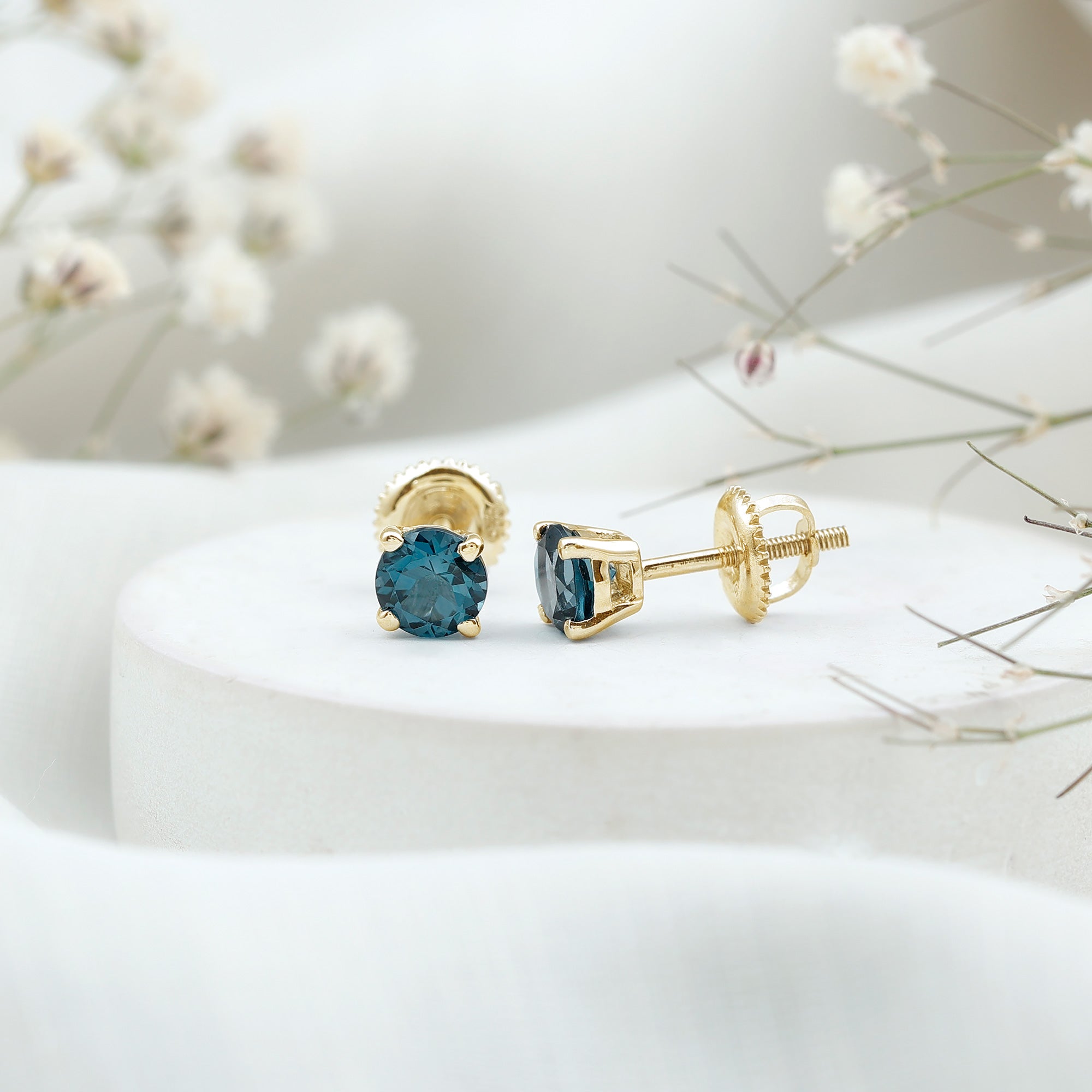 Genuine London Blue Topaz Solitaire Stud Earrings in Prong Setting AAA - Rosec Jewels