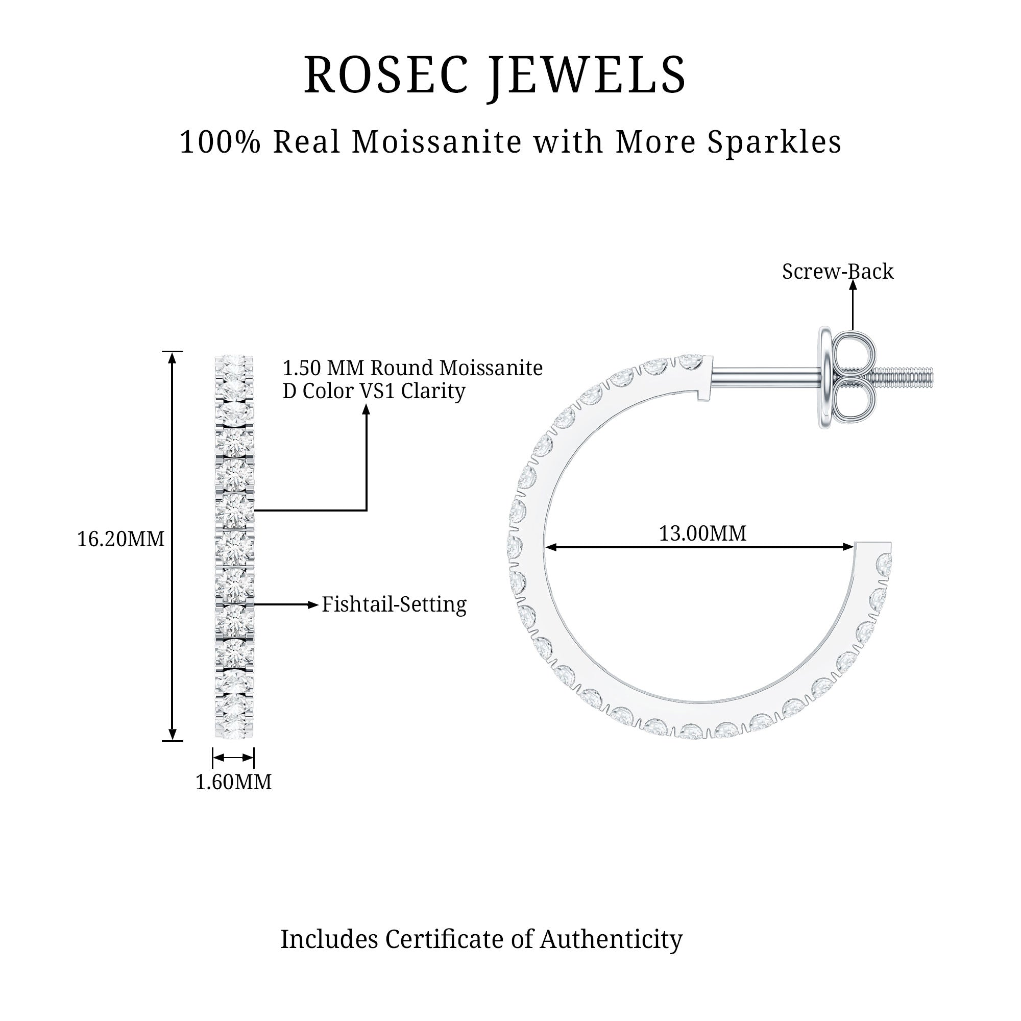 Certified Moissanite Hoop Earrings D-VS1 - Rosec Jewels