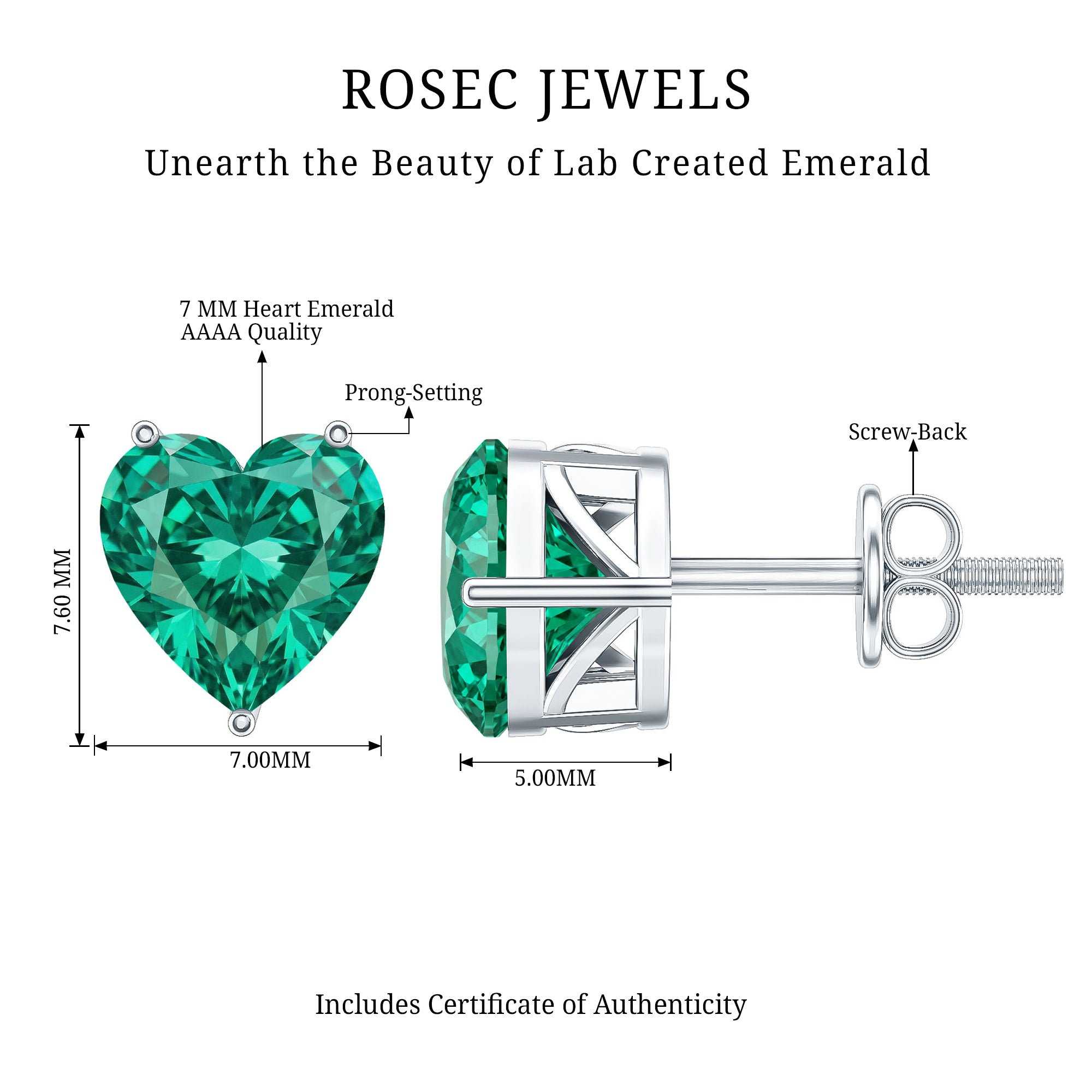 7MM Heart Shape Lab Created Emerald Solitaire Stud Earrings AAAA - Rosec Jewels