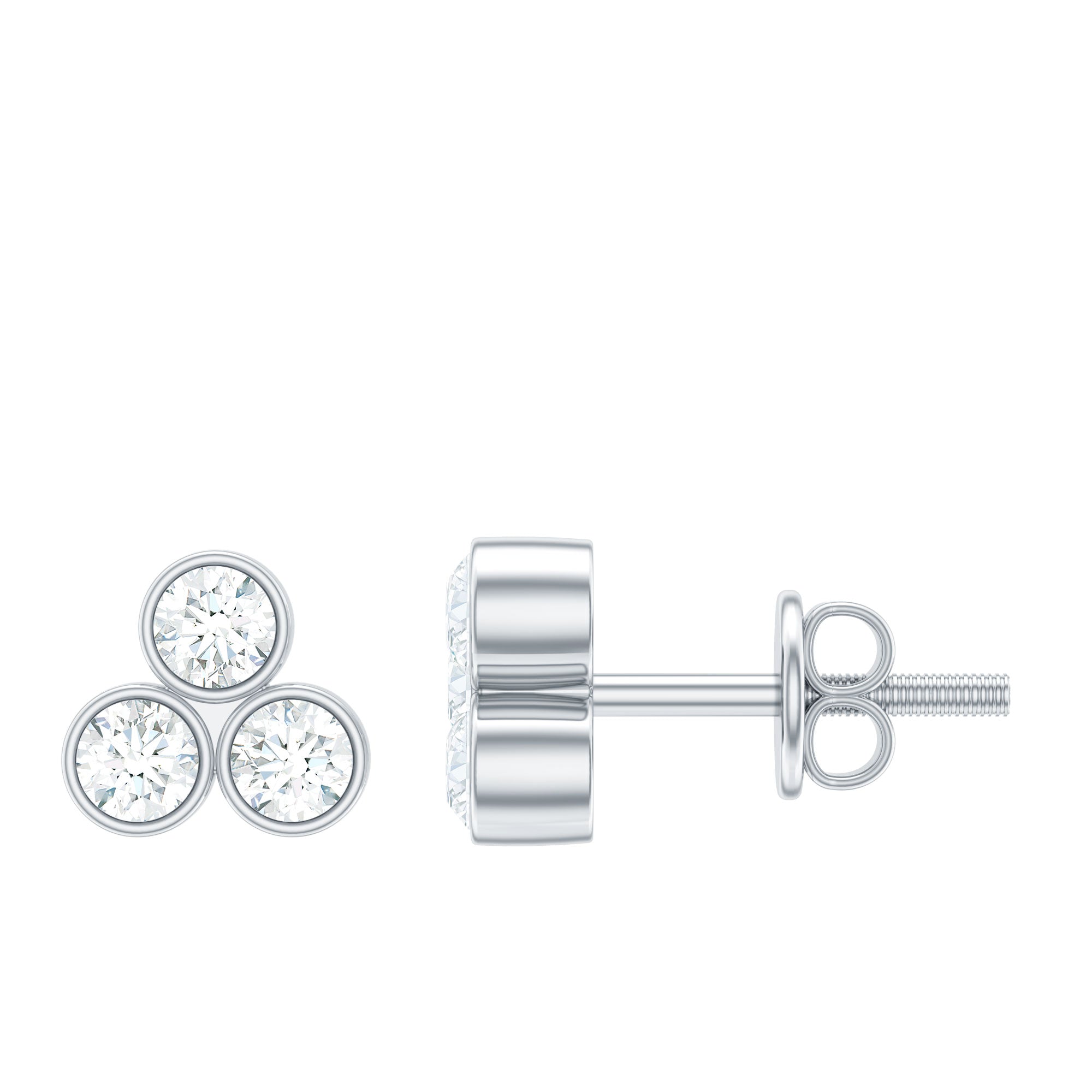 Bezel Set Round Cut Moissanite Three Stone Stud Earrings D-VS1 - Rosec Jewels