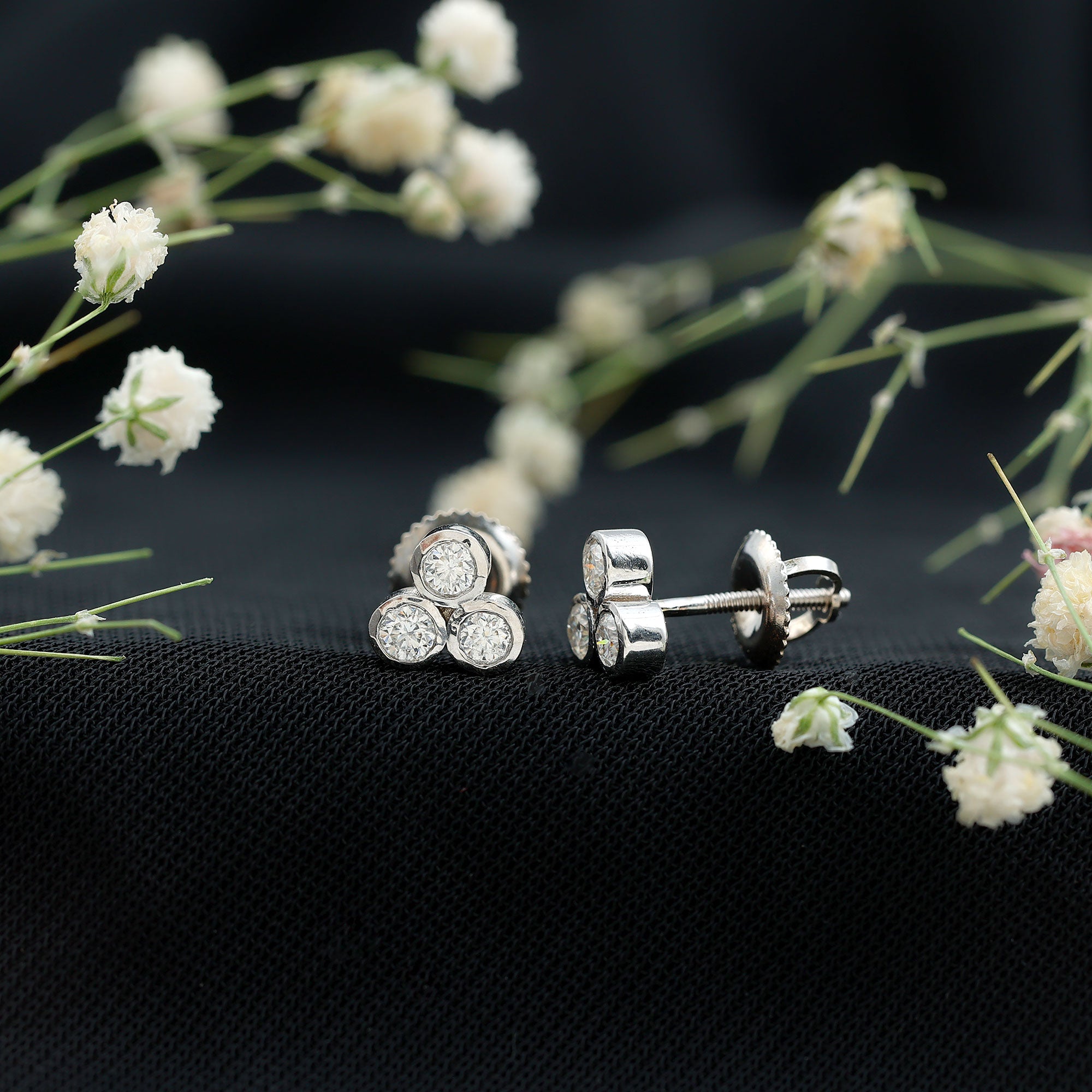 Bezel Set Round Cut Moissanite Three Stone Stud Earrings D-VS1 - Rosec Jewels