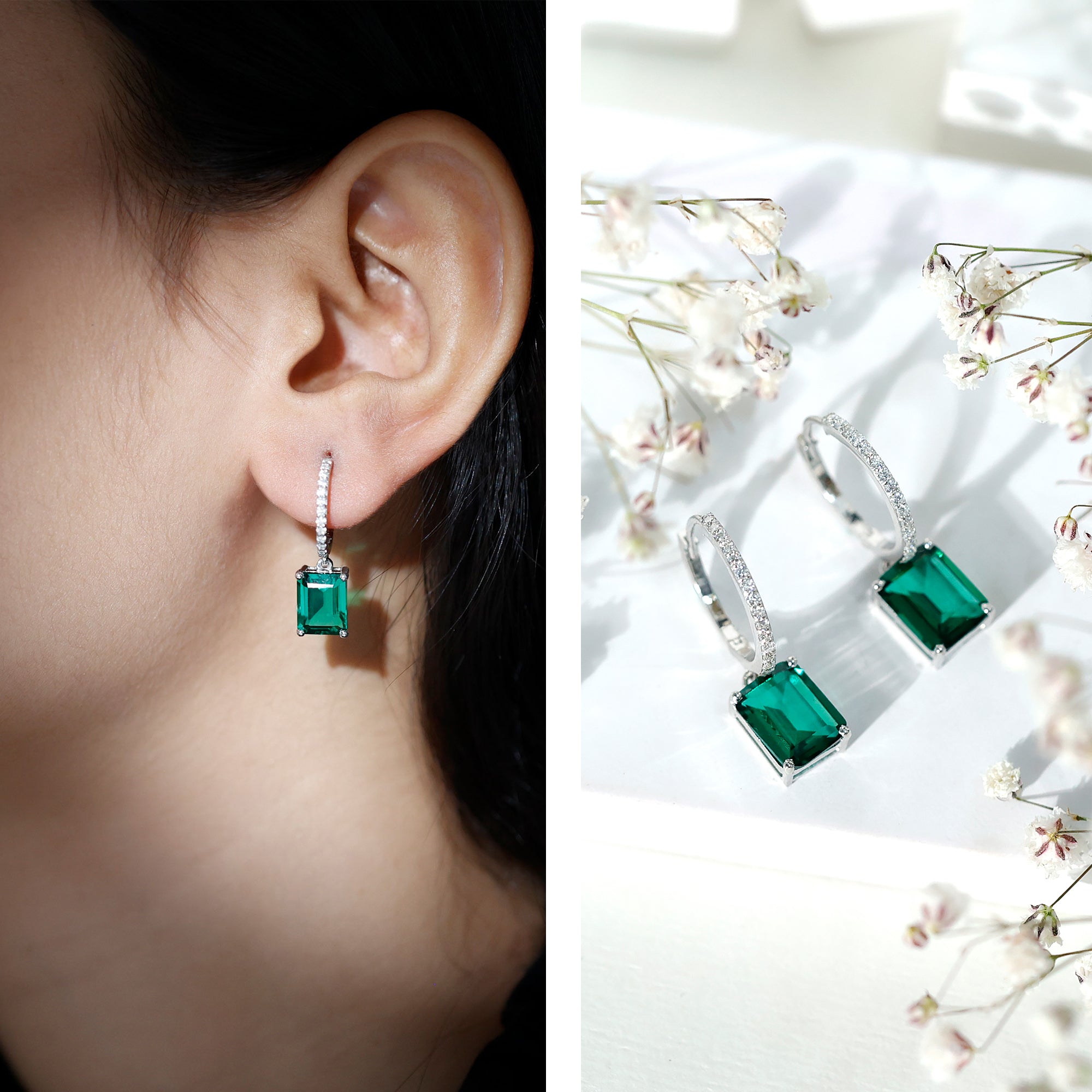 Certified 4.6 Carat Lab Created Emerald Hoop Drop Earrings in Silver AAAA 92.5 Sterling Silver - Rosec Jewels