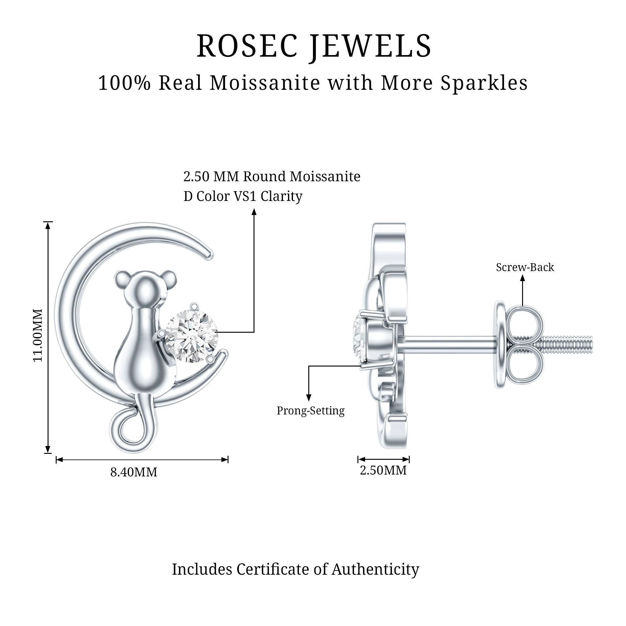 Certified Cat Moon Earrings with Moissanite D-VS1 - Rosec Jewels