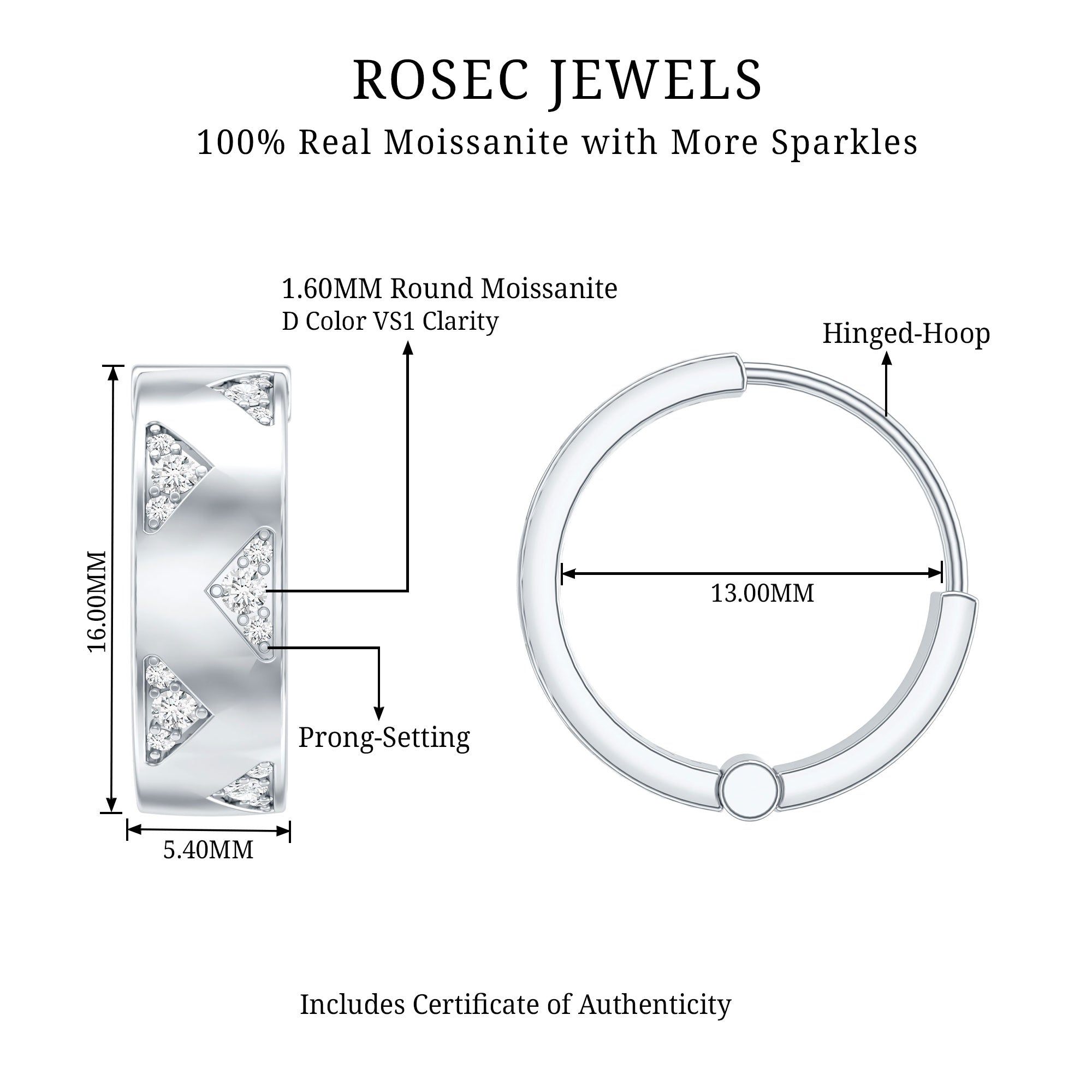Certified Moissanite Hinged Hoop Earrings for Women D-VS1 - Rosec Jewels