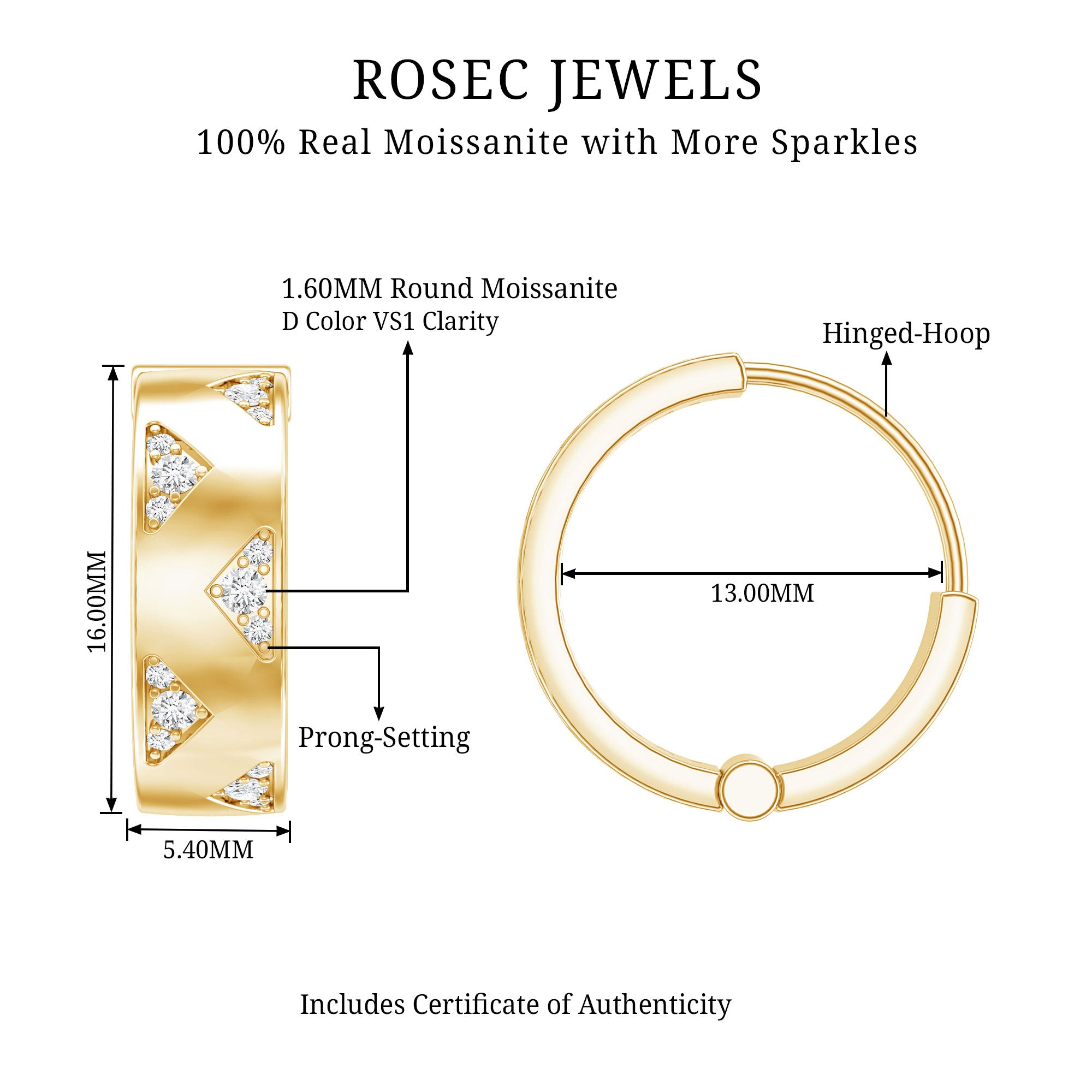 Certified Moissanite Hinged Hoop Earrings for Women D-VS1 - Rosec Jewels