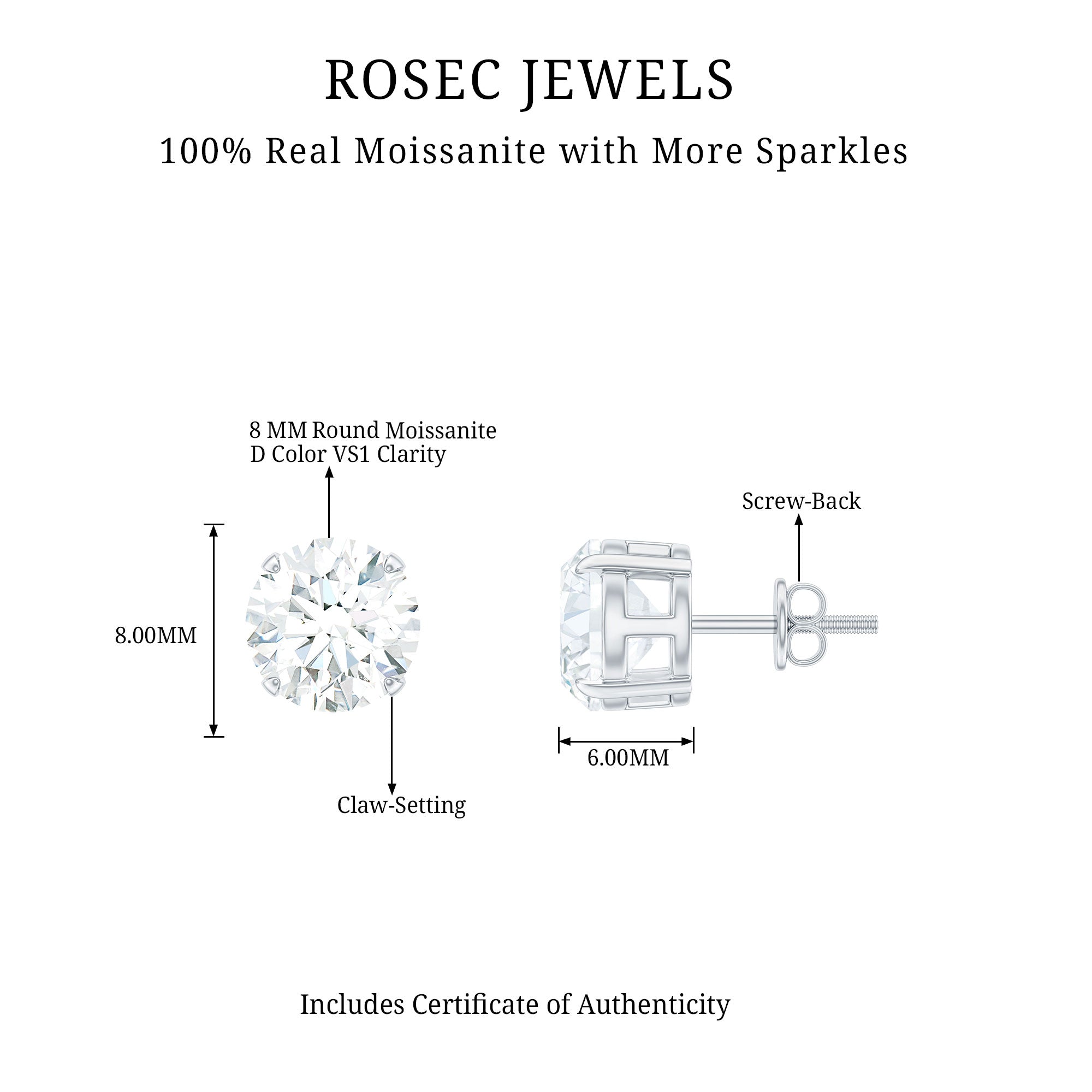 2 Carat Round Cut Moissanite Solitaire Stud Earrings D-VS1 - Rosec Jewels