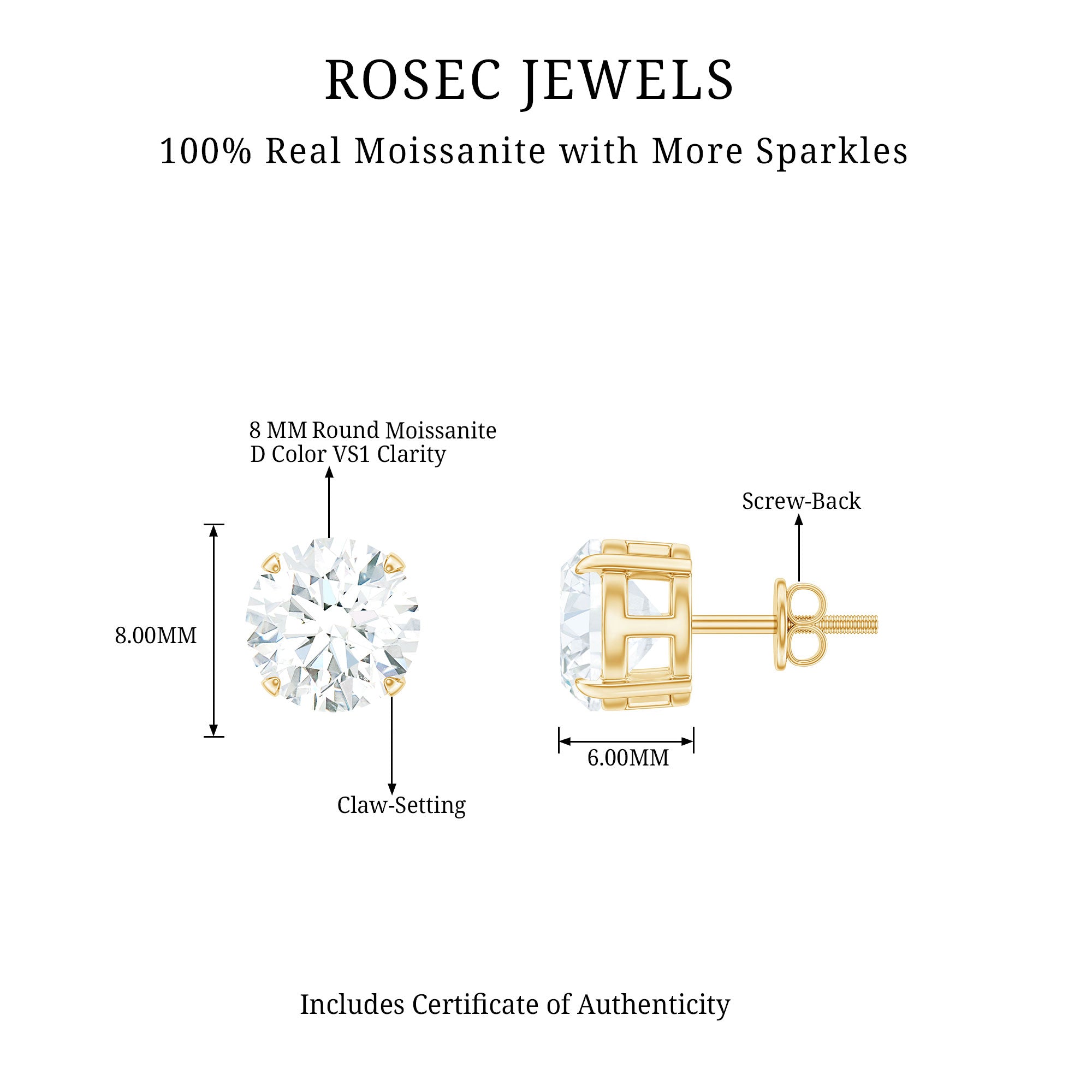 2 Carat Round Cut Moissanite Solitaire Stud Earrings D-VS1 - Rosec Jewels