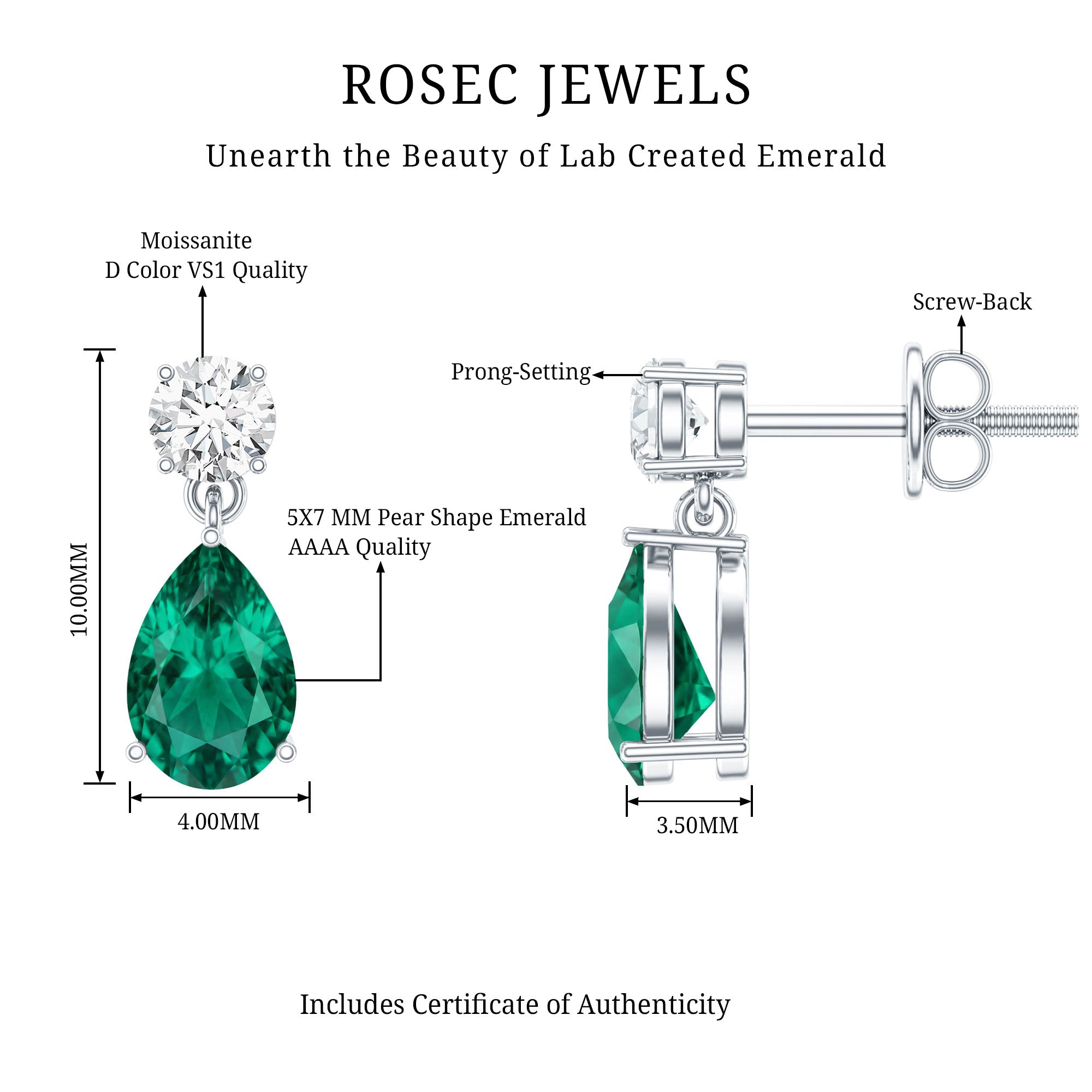 Pear Cut Lab Created Emerald and Moissanite Teardrop Earrings AAAA - Rosec Jewels
