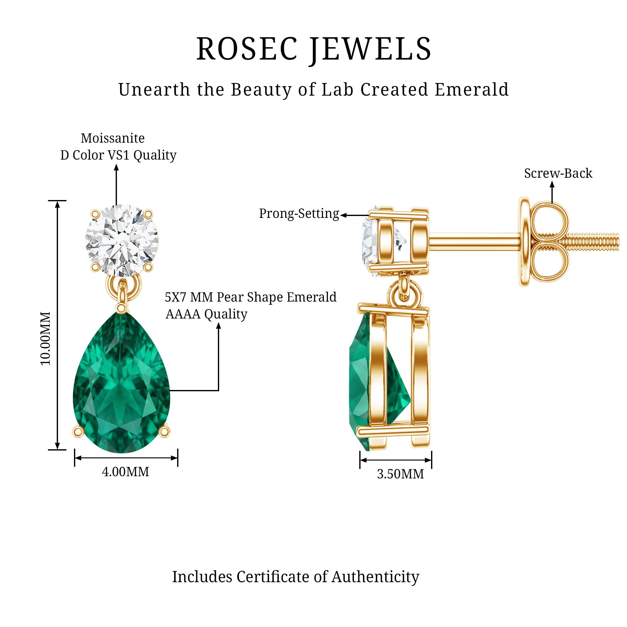 Pear Cut Lab Created Emerald and Moissanite Teardrop Earrings AAAA - Rosec Jewels