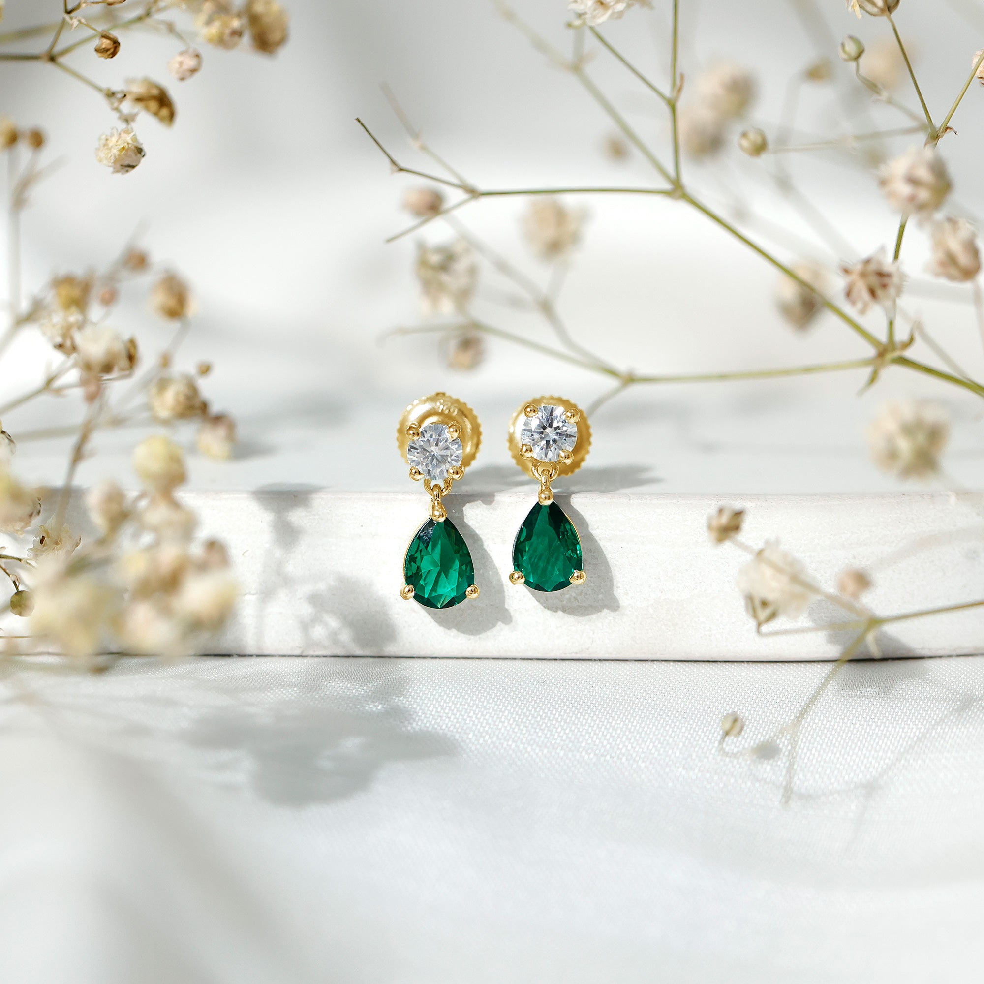 Pear Cut Lab Created Emerald and Moissanite Teardrop Earrings AAAA - Rosec Jewels