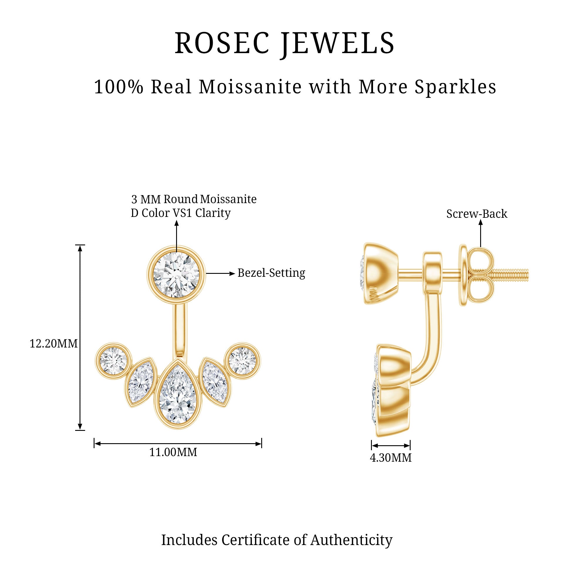 Certified Moissanite Jacket Earrings in Yellow Gold Plated Silver D-VS1 14K Yellow Gold Plated Silver - Rosec Jewels
