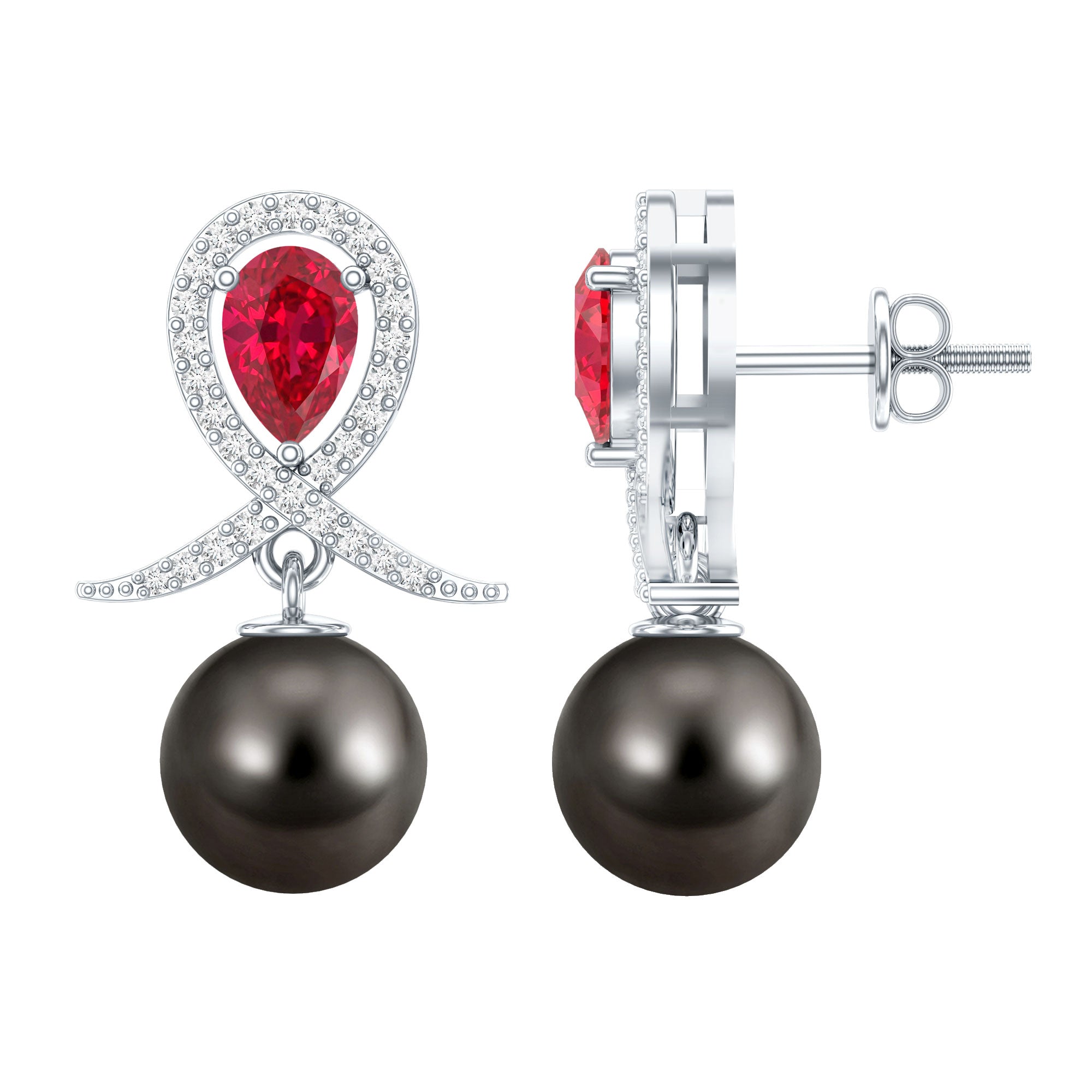 Tahitian Black Pearl Drop Earrings with Lab Grown Ruby