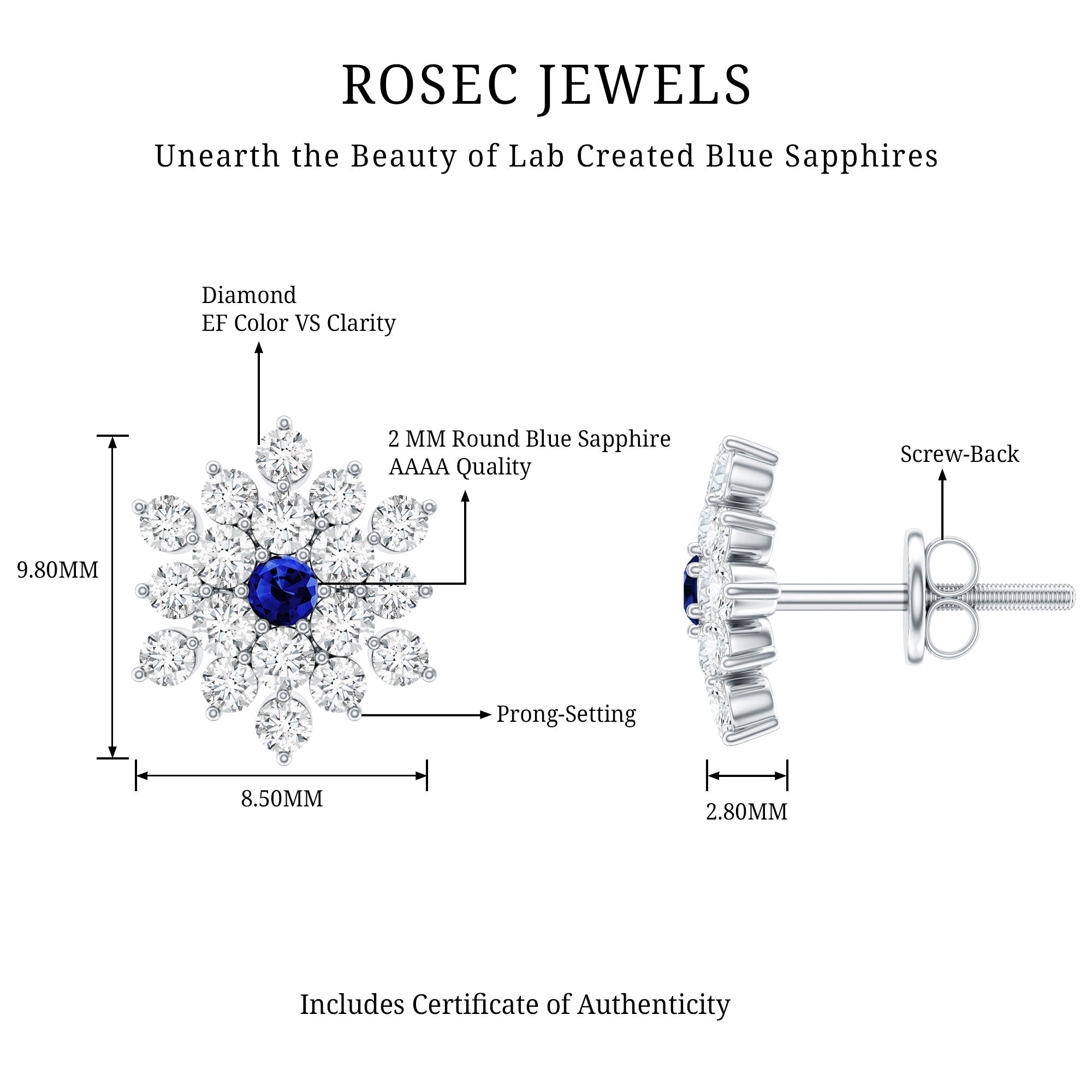 Created Blue Sapphire and Moissanite Cluster Statement Stud Earrings AAAA - Rosec Jewels