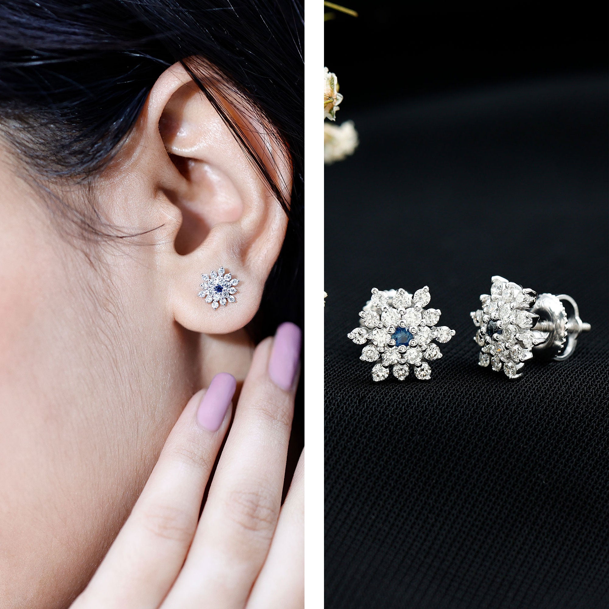 Created Blue Sapphire and Moissanite Cluster Statement Stud Earrings AAAA - Rosec Jewels