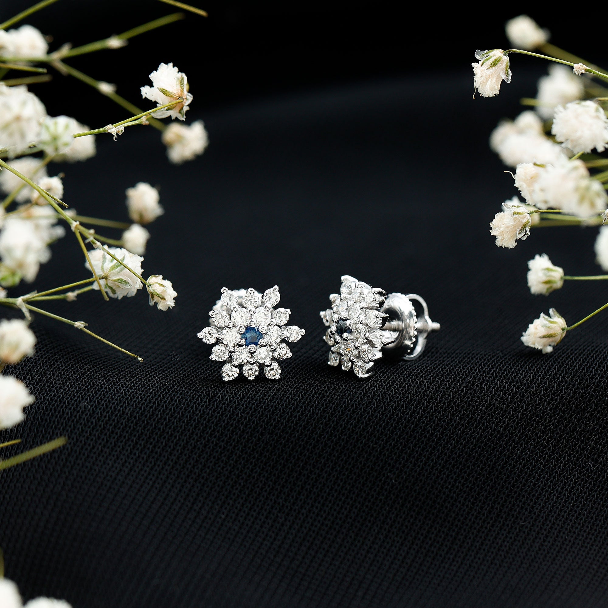 Created Blue Sapphire and Moissanite Cluster Statement Stud Earrings AAAA - Rosec Jewels
