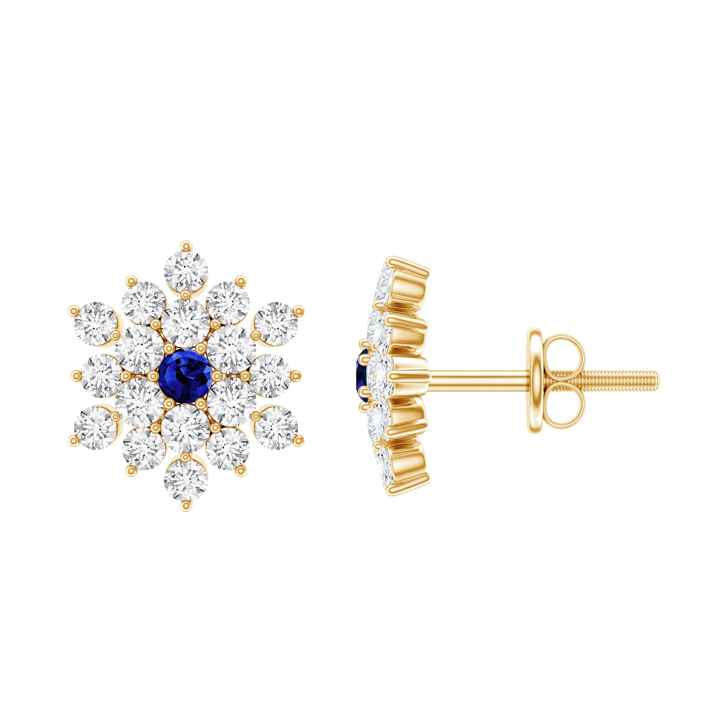 Created Blue Sapphire and Moissanite Cluster Statement Stud Earrings AAAA - Rosec Jewels