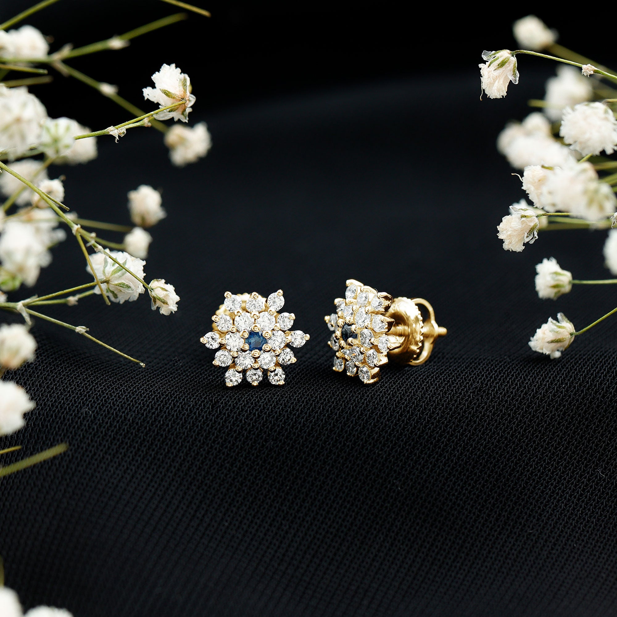 Created Blue Sapphire and Moissanite Cluster Statement Stud Earrings AAAA - Rosec Jewels
