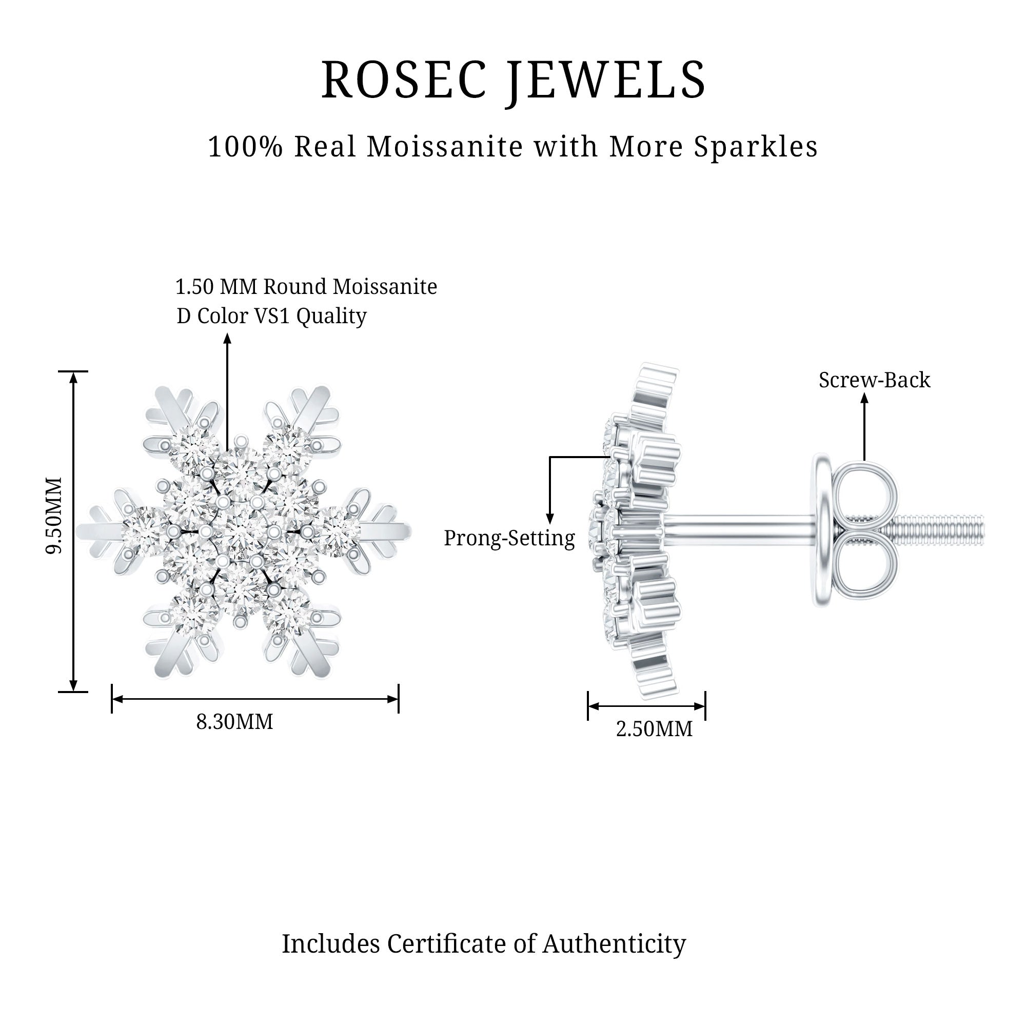 Certified Moissanite Snowflake Stud Earrings D-VS1 - Rosec Jewels