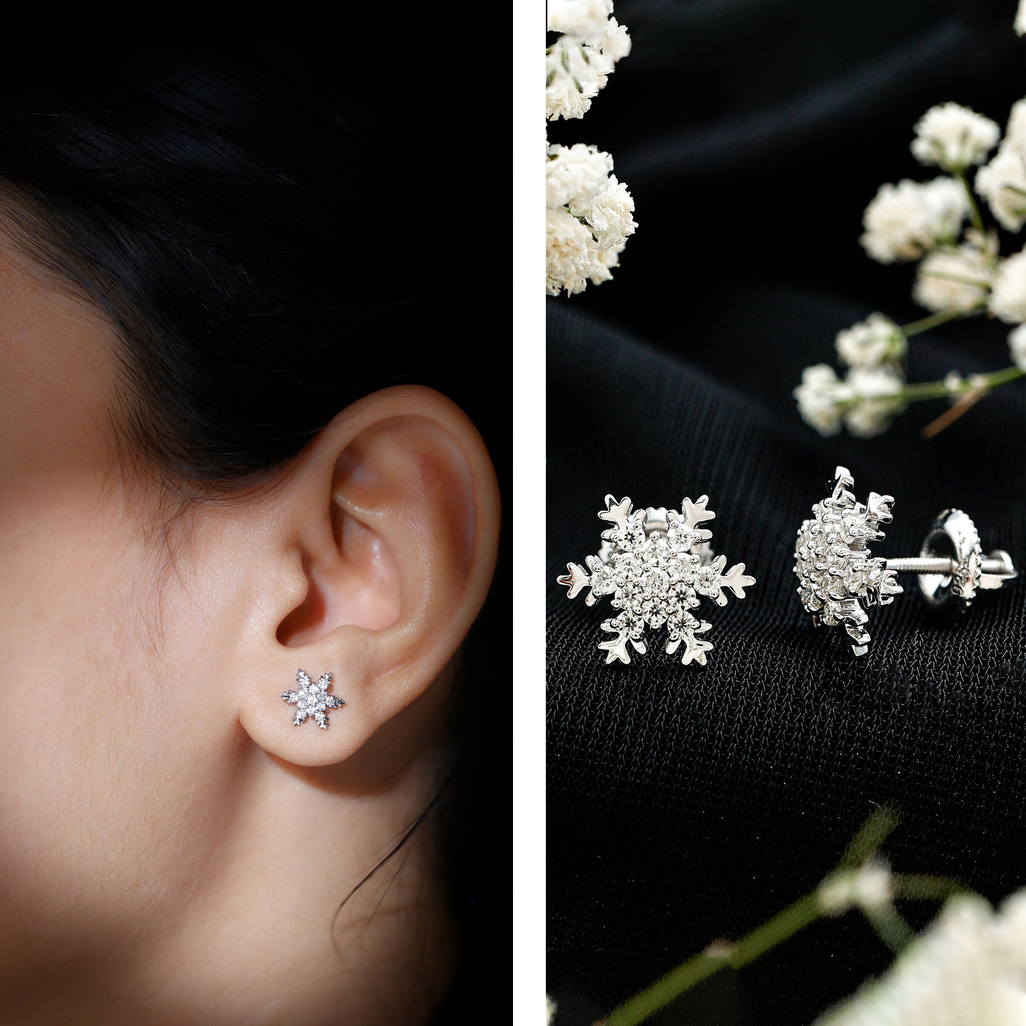 Certified Moissanite Snowflake Stud Earrings D-VS1 - Rosec Jewels