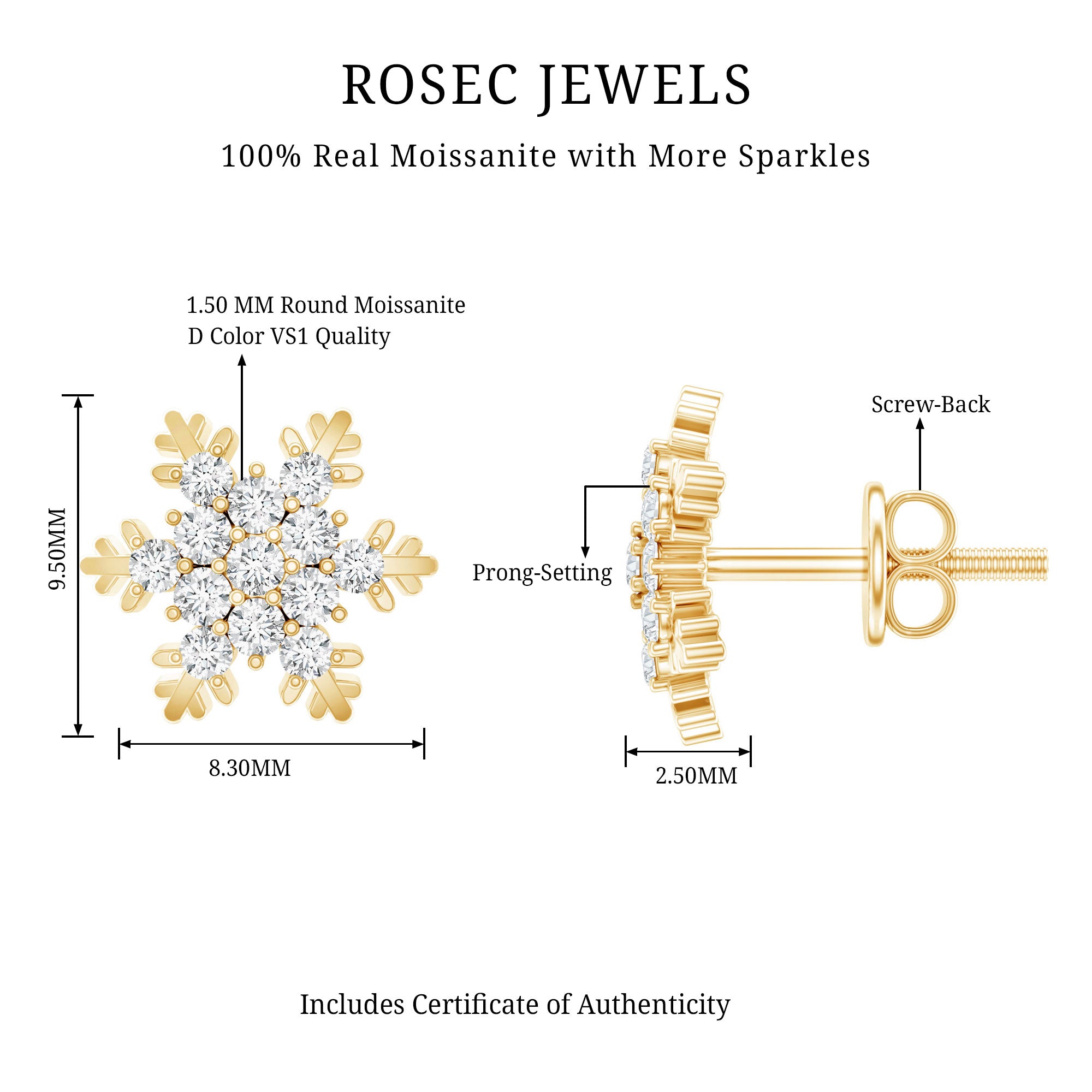 Certified Moissanite Snowflake Stud Earrings D-VS1 - Rosec Jewels
