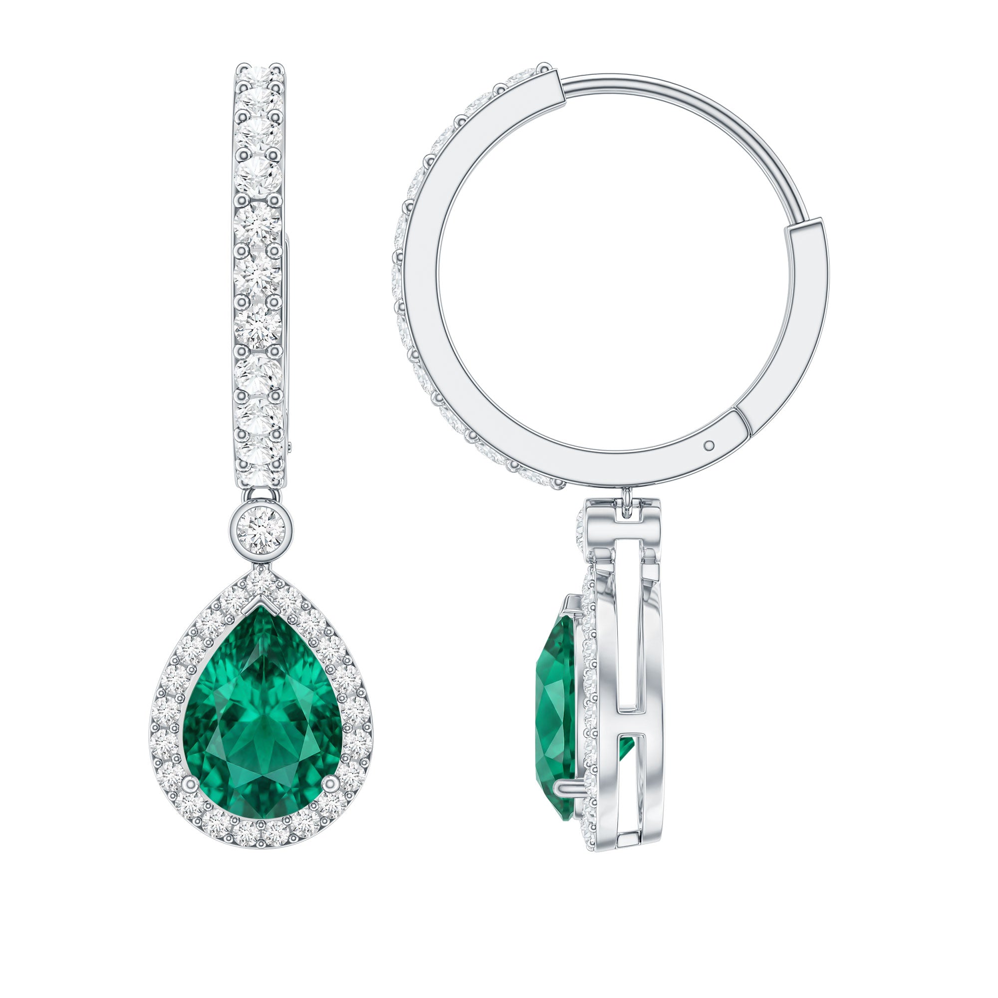 2 Carat Lab Created Emerald Teardrop Hoop Earrings with Moissanite AAAA - Rosec Jewels