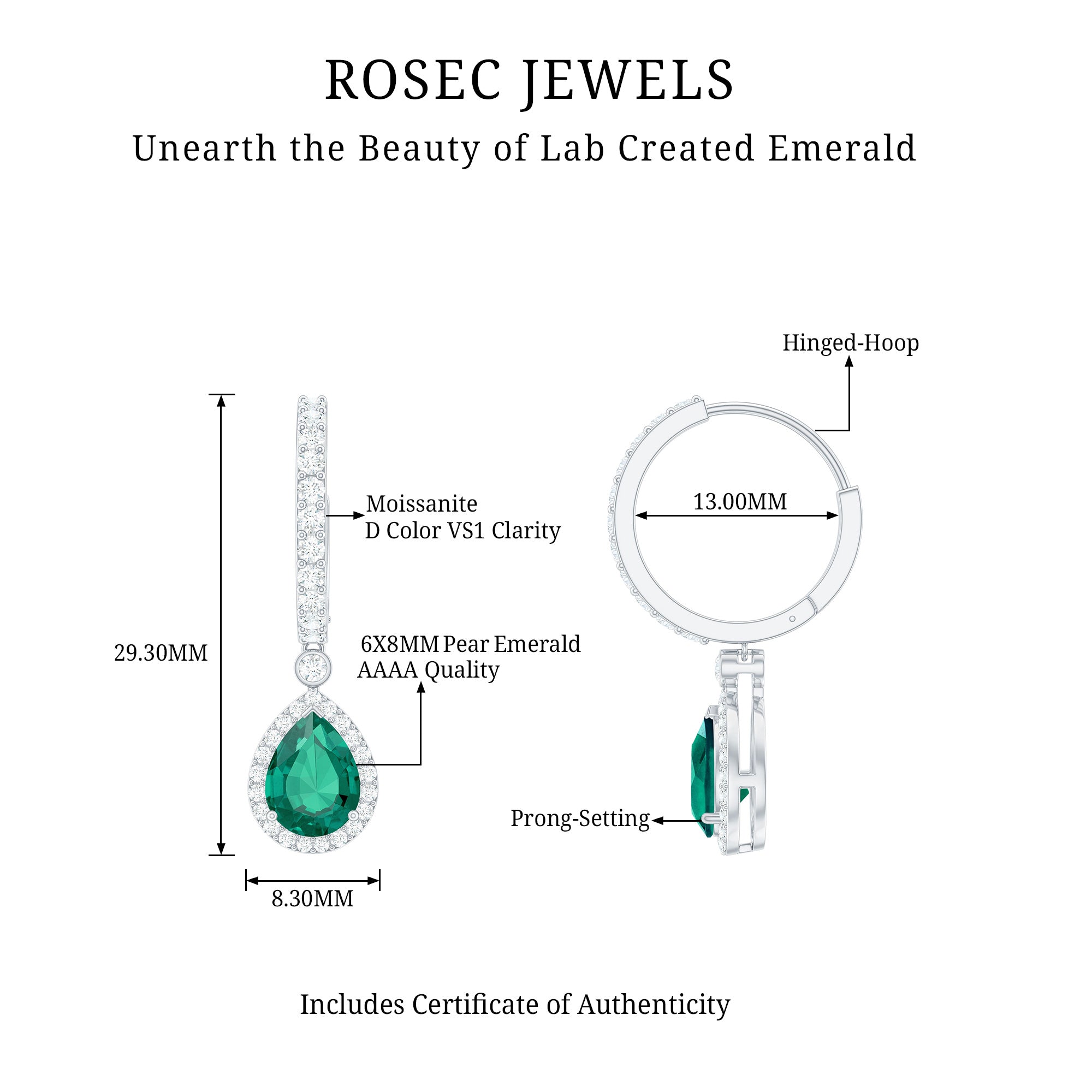 2 Carat Lab Created Emerald Teardrop Hoop Earrings with Moissanite AAAA - Rosec Jewels