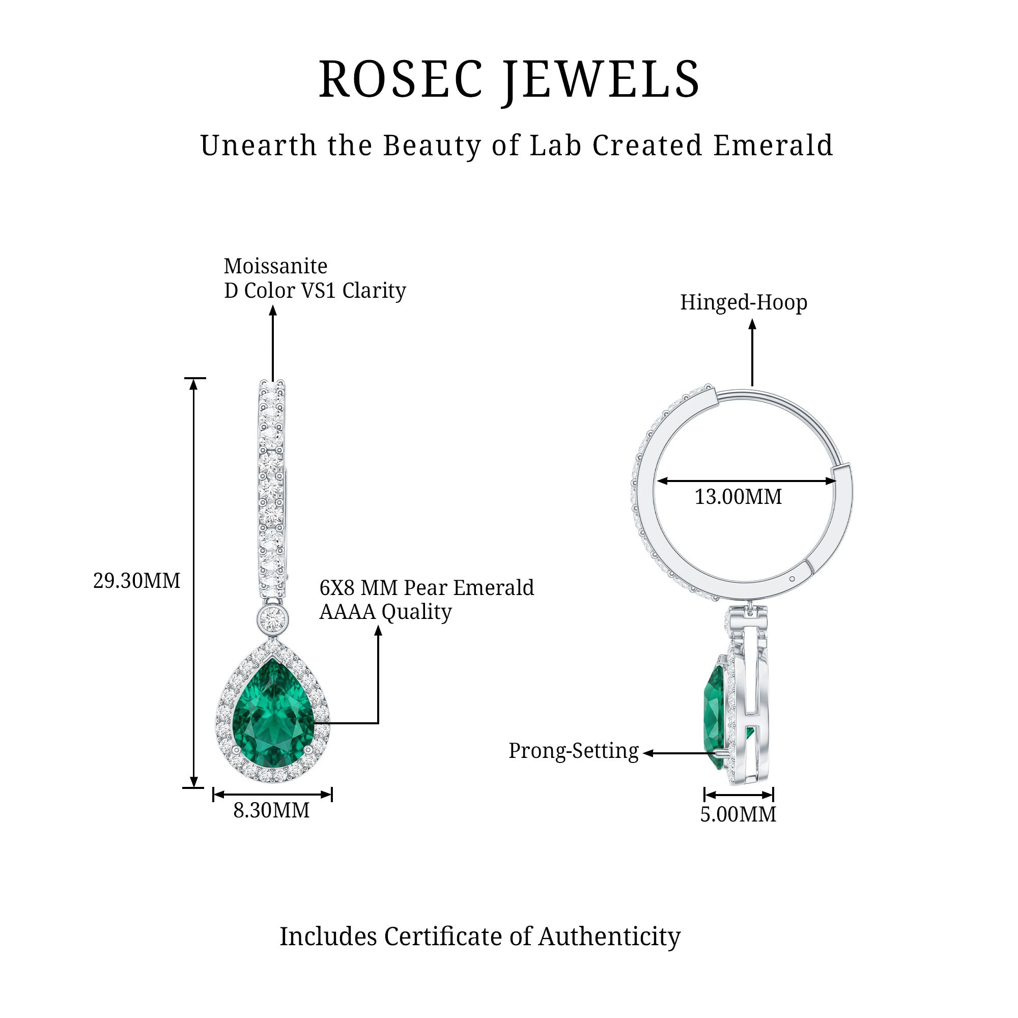 2 Carat Lab Created Emerald Teardrop Hoop Earrings with Moissanite AAAA - Rosec Jewels