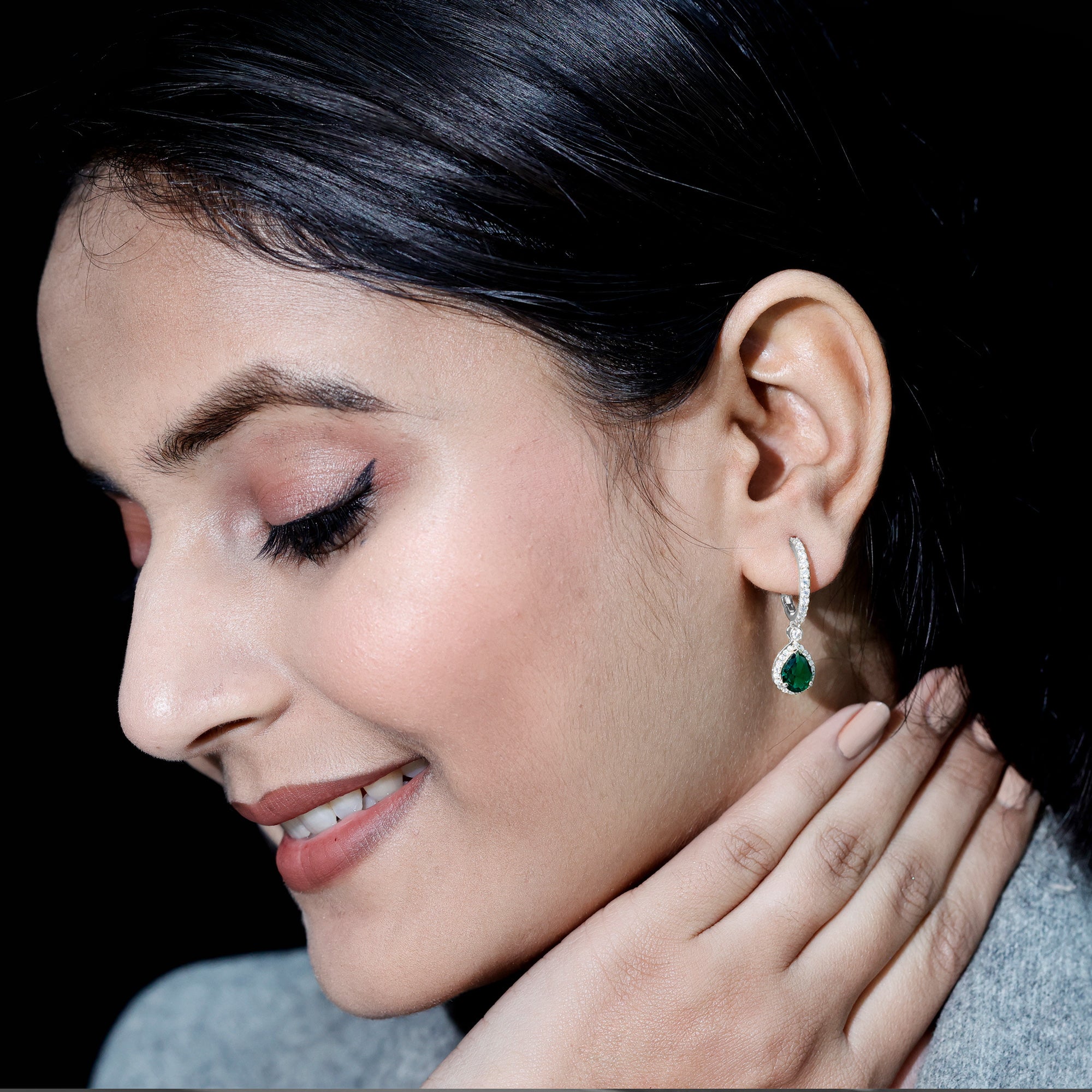 2 Carat Lab Created Emerald Teardrop Hoop Earrings with Moissanite AAAA - Rosec Jewels